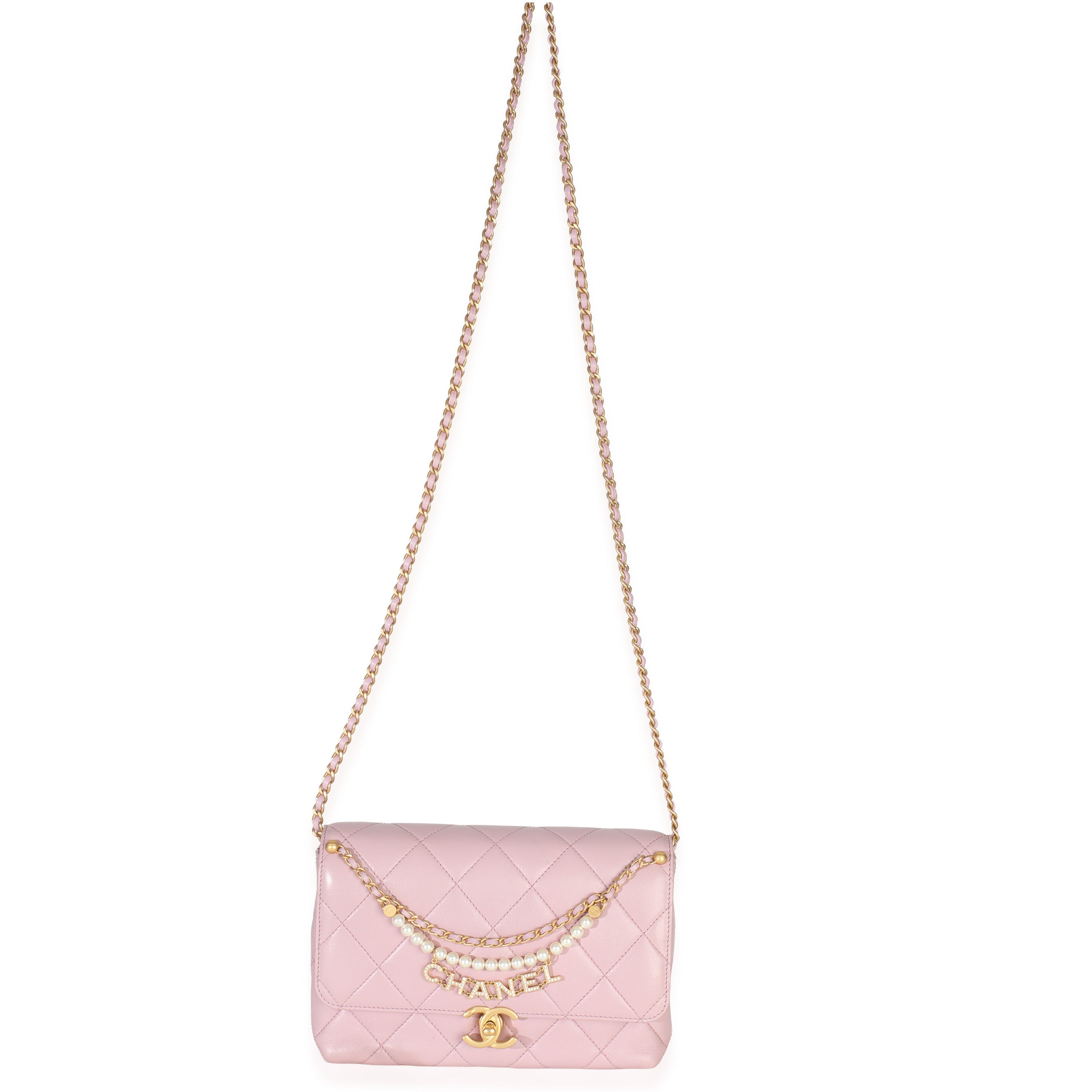 Pink Shiny Quilted Calfskin Mini Pearl Logo Flap Bag