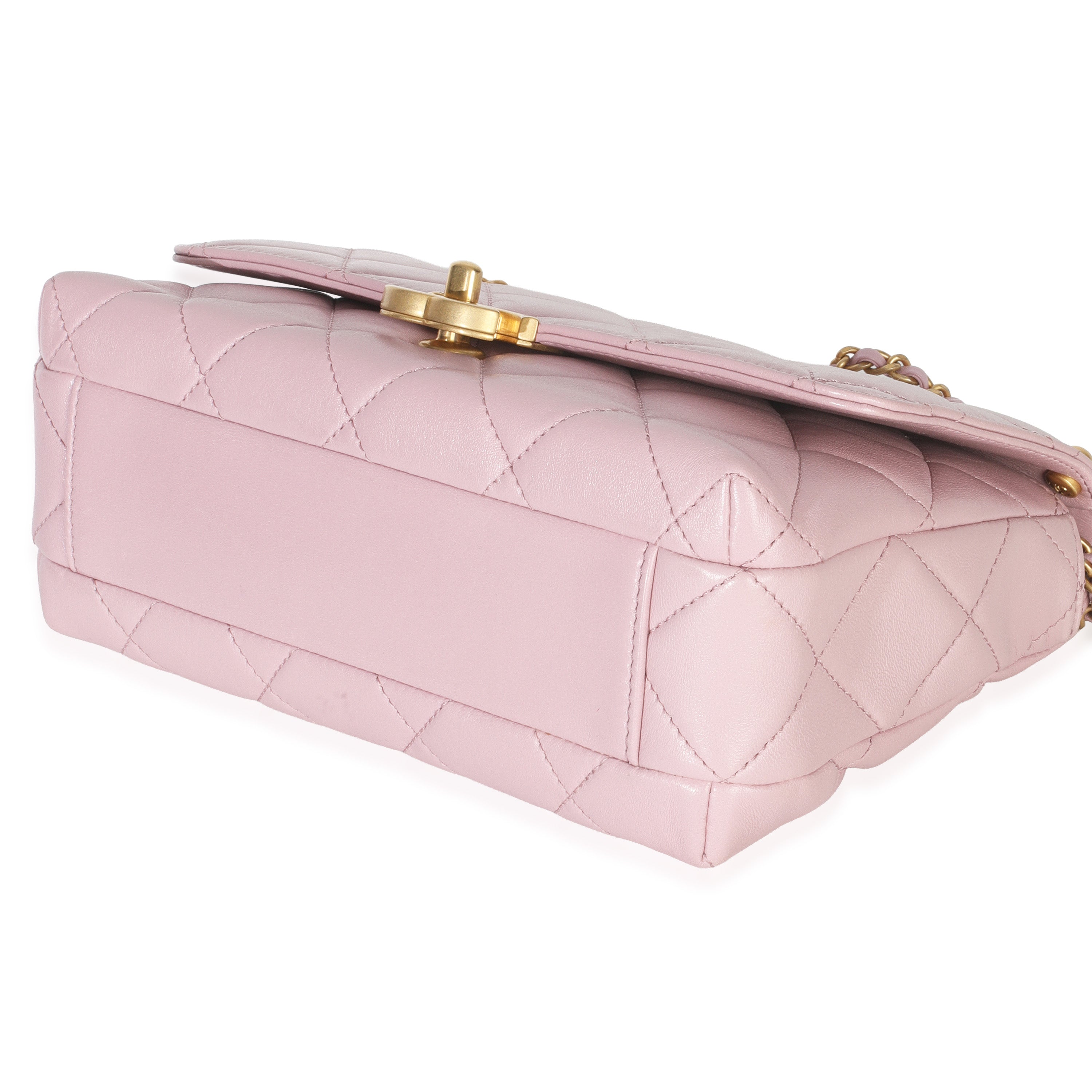 Pink Shiny Quilted Calfskin Mini Pearl Logo Flap Bag