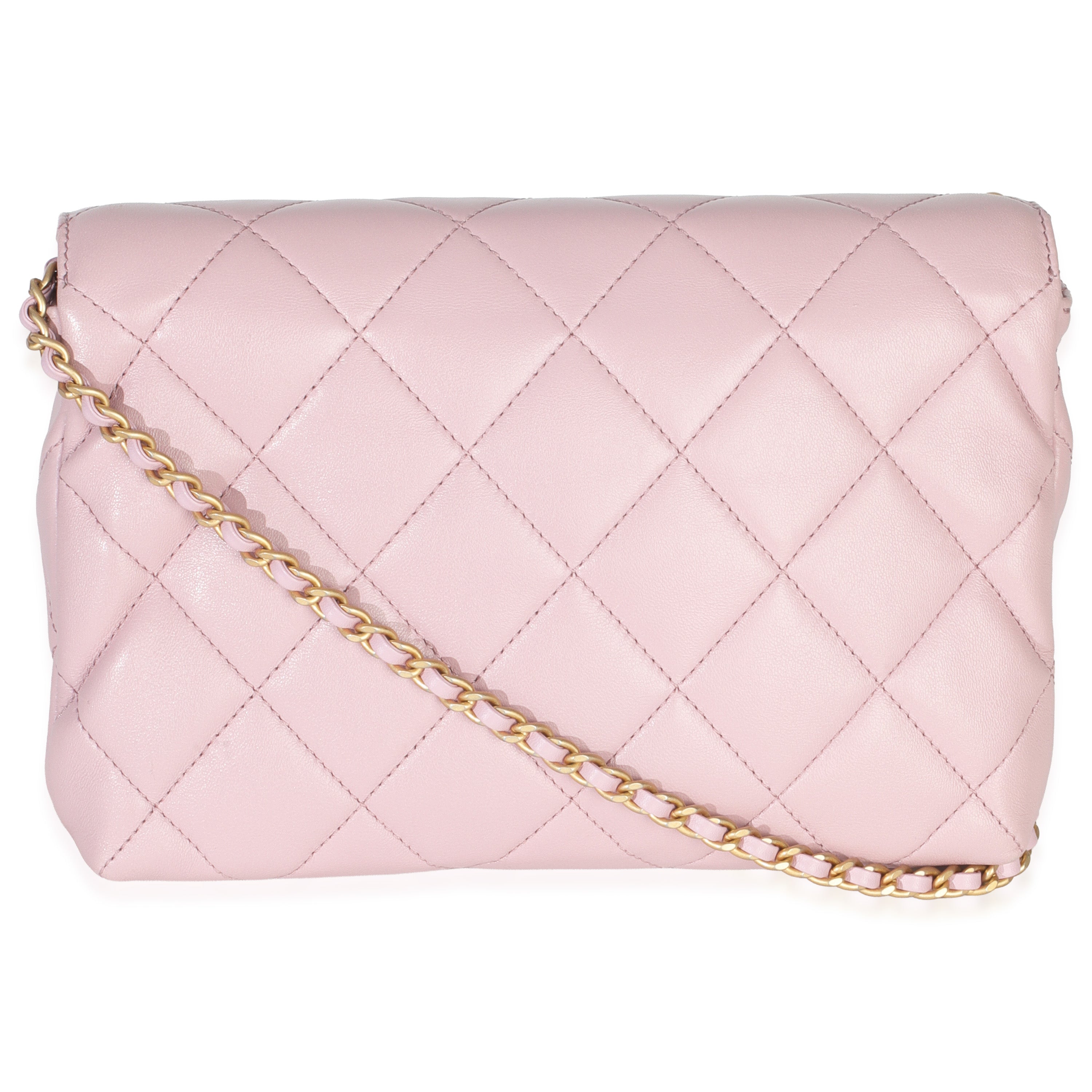 Pink Shiny Quilted Calfskin Mini Pearl Logo Flap Bag