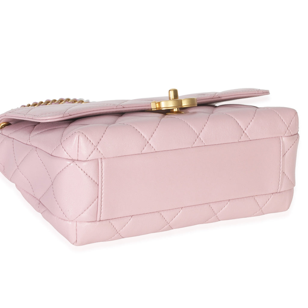 Pink Shiny Quilted Calfskin Mini Pearl Logo Flap Bag