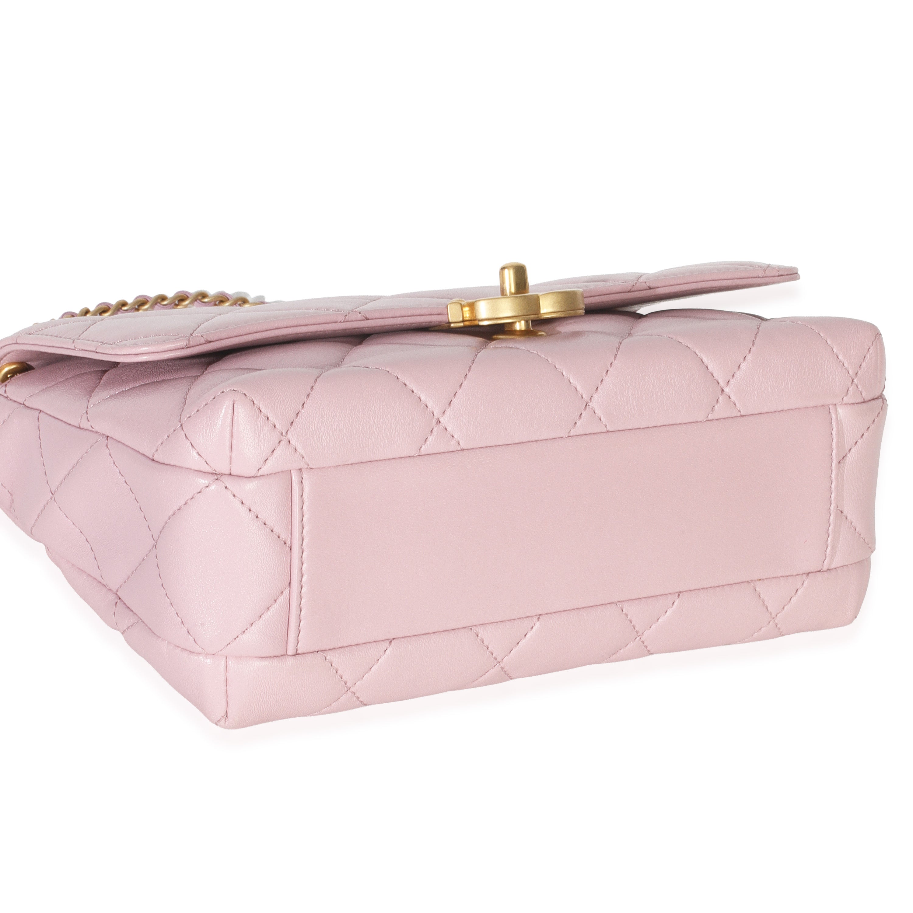 Pink Shiny Quilted Calfskin Mini Pearl Logo Flap Bag
