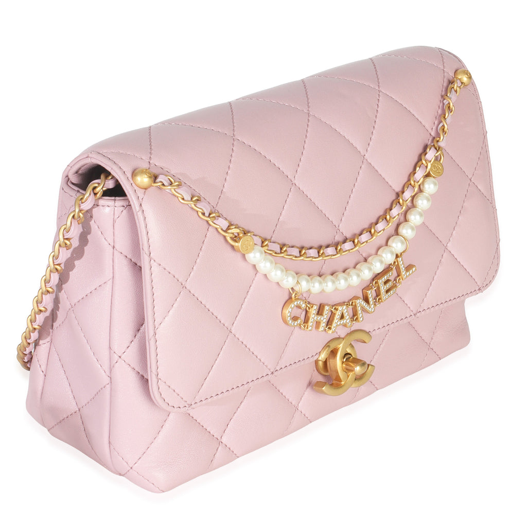 Pink Shiny Quilted Calfskin Mini Pearl Logo Flap Bag