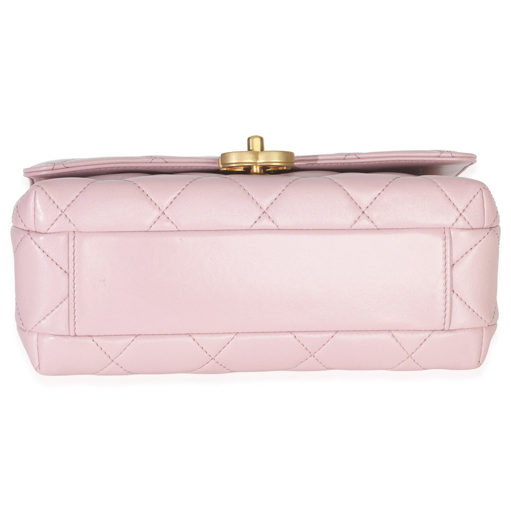 Pink Shiny Quilted Calfskin Mini Pearl Logo Flap Bag