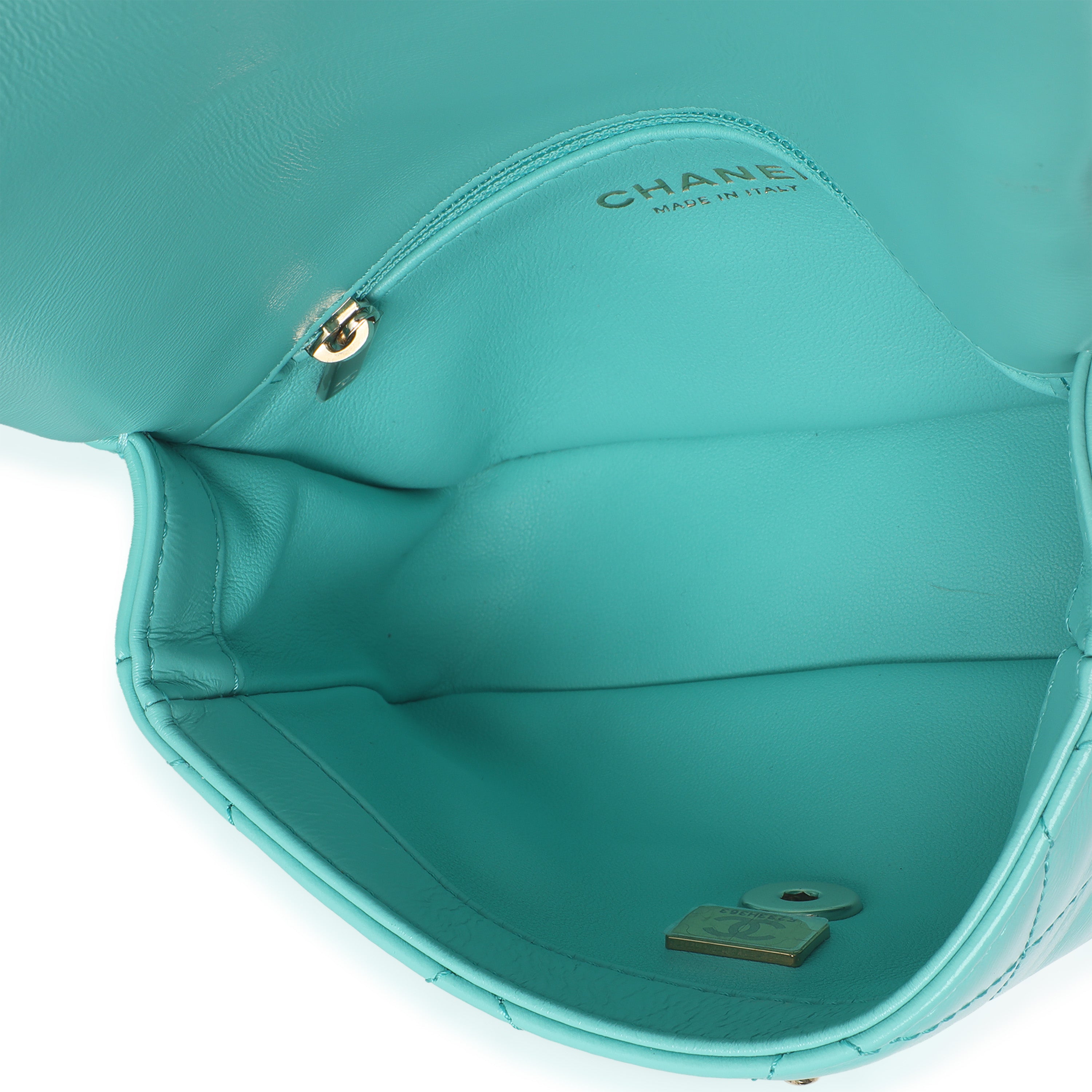 Teal Quilted Calfskin Top Handle Flap Bag