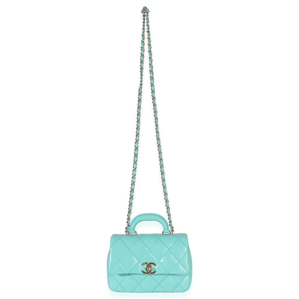 Teal Quilted Calfskin Top Handle Flap Bag