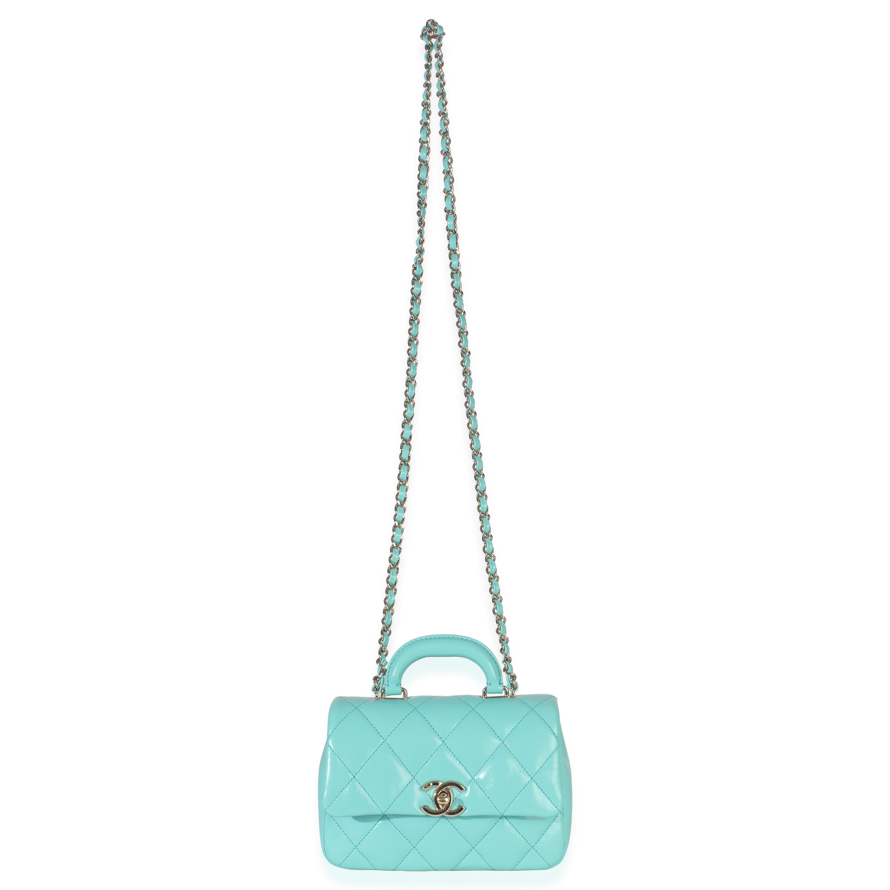 Teal Quilted Calfskin Top Handle Flap Bag
