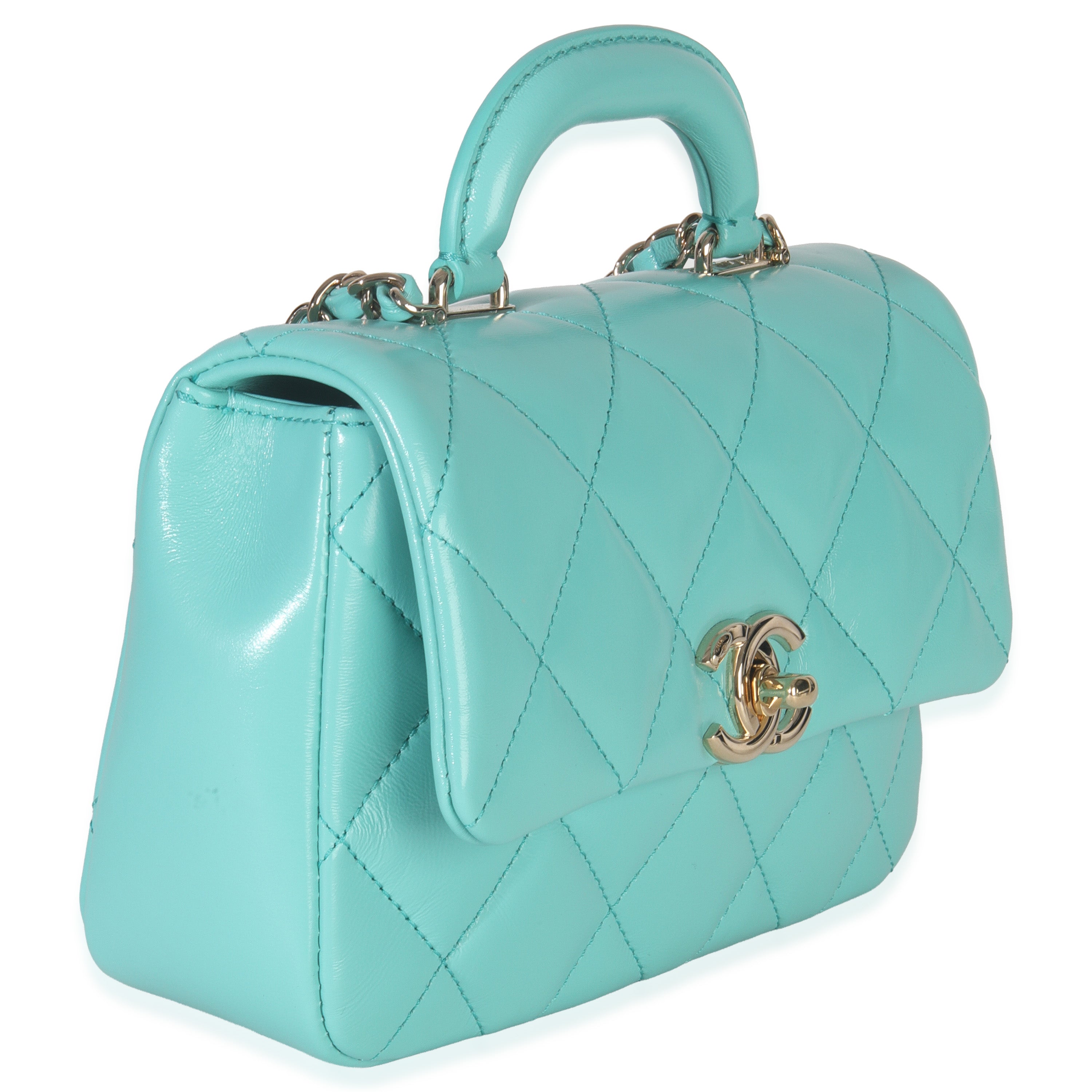 Teal Quilted Calfskin Top Handle Flap Bag