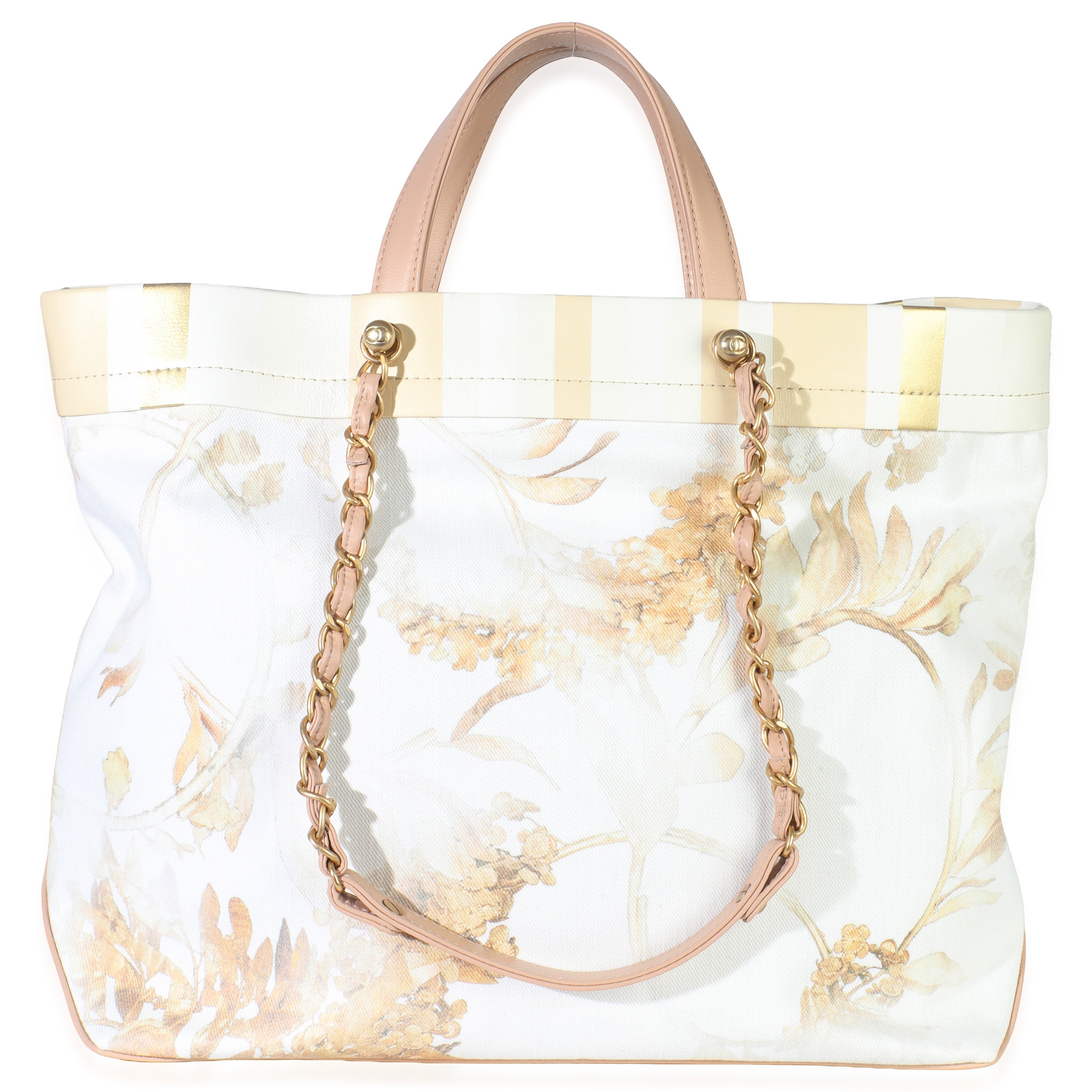 Beige Brown Canvas Floral Shopping Tote
