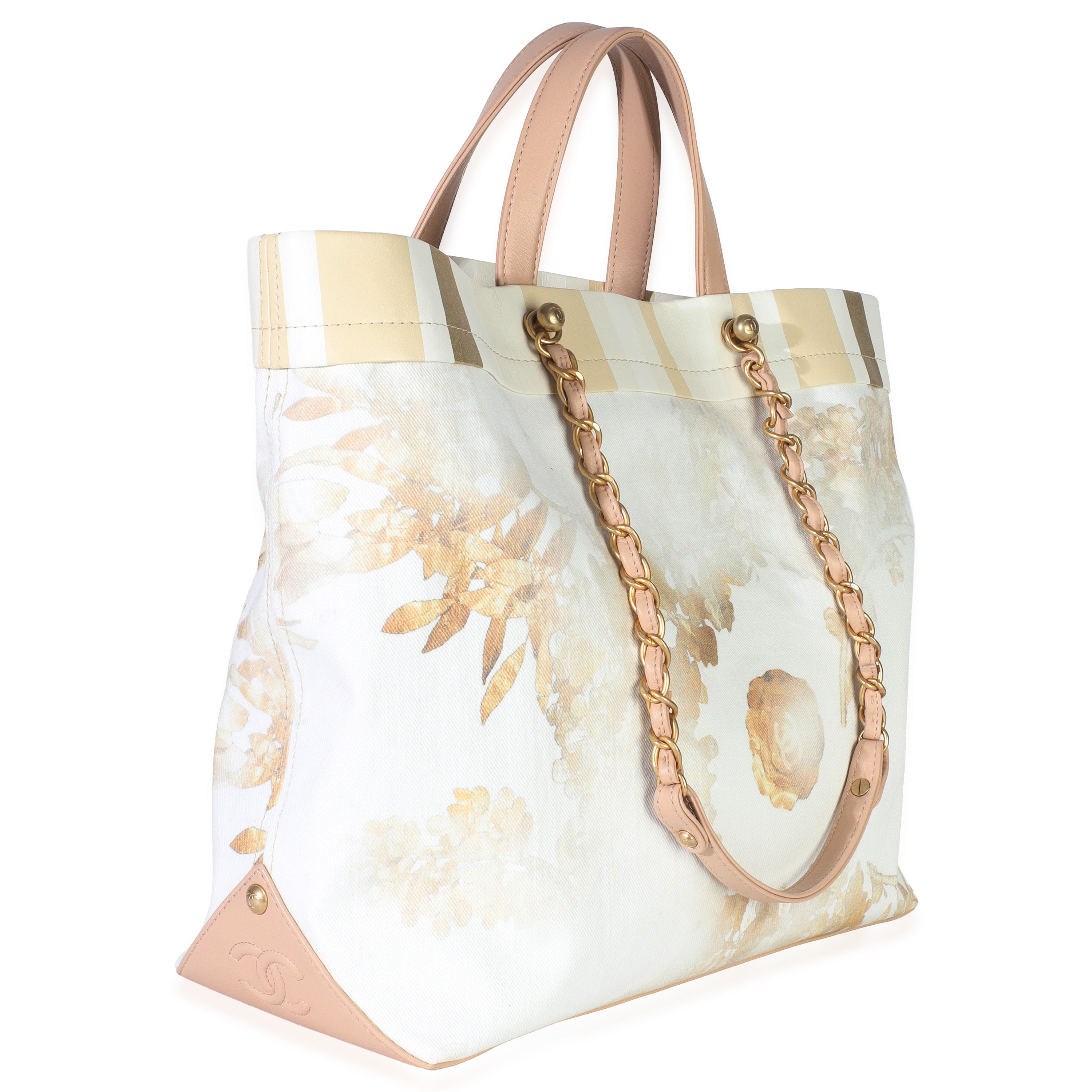 Beige Brown Canvas Floral Shopping Tote