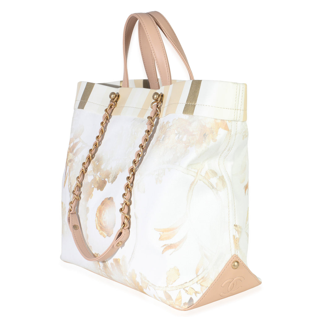 Beige Brown Canvas Floral Shopping Tote