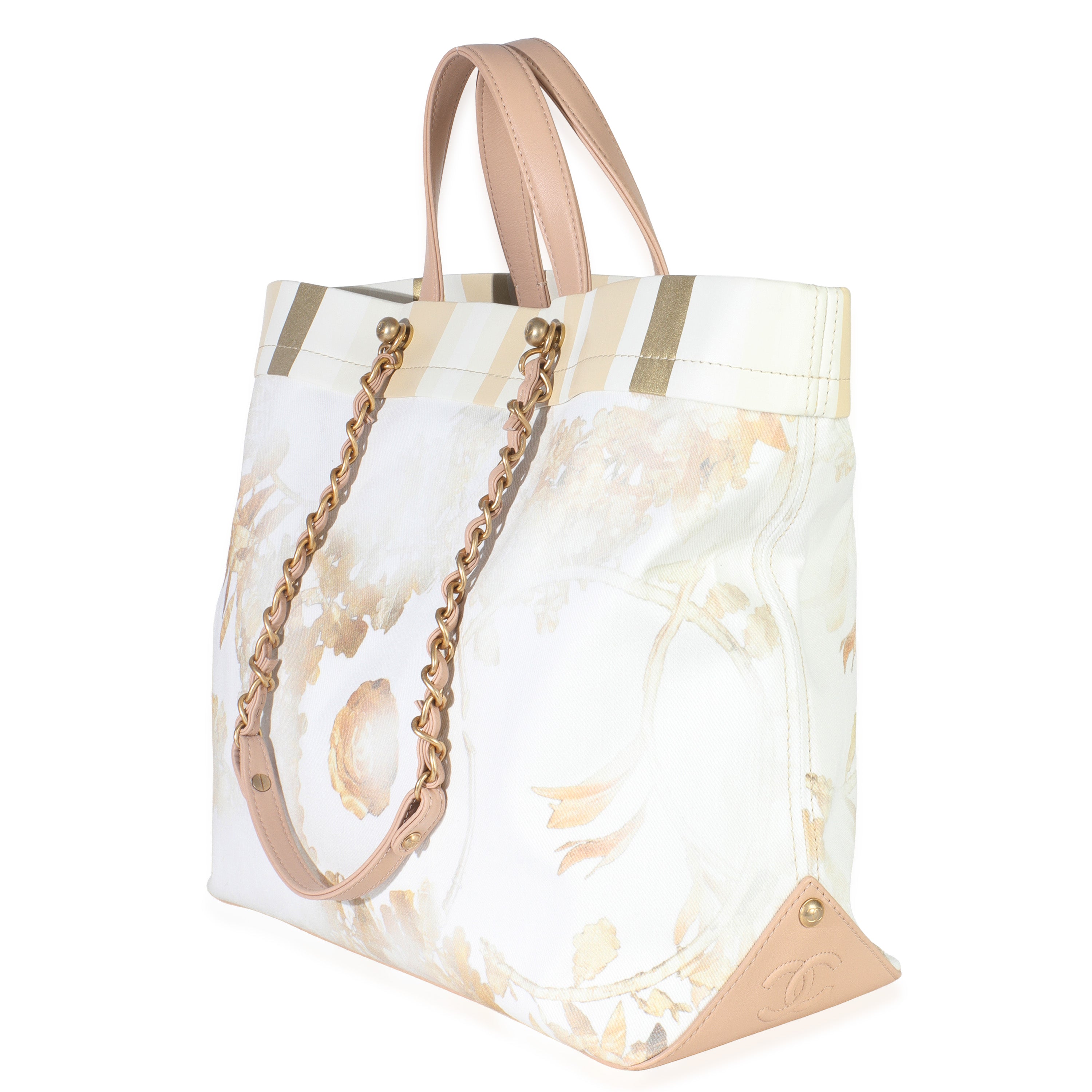 Beige Brown Canvas Floral Shopping Tote