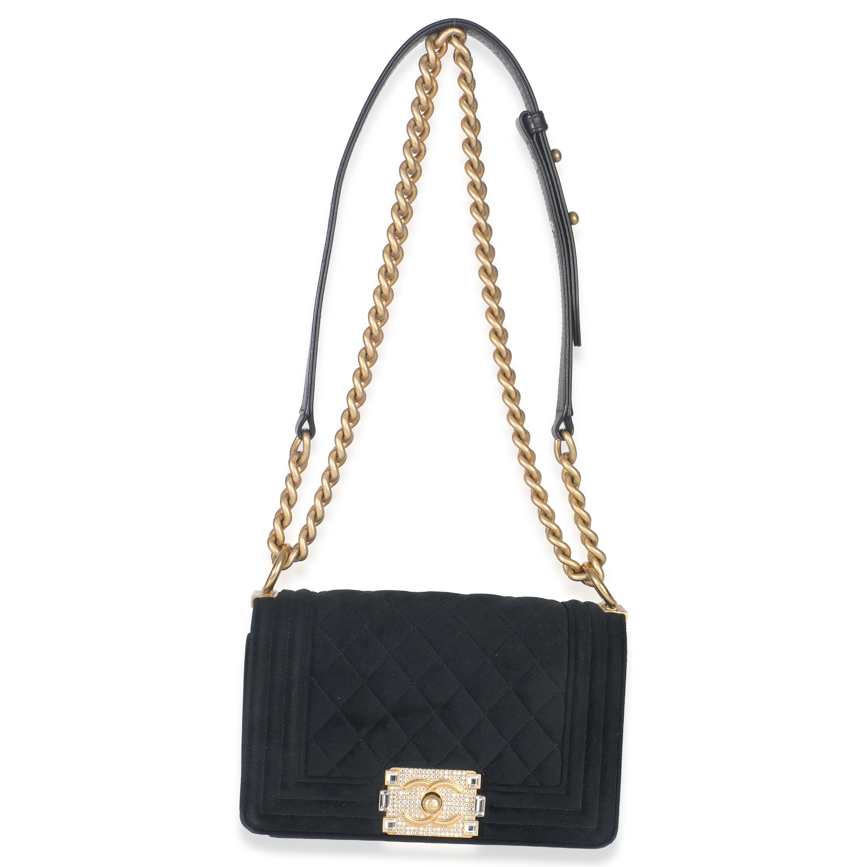 Black Quilted Velvet Strass Small Boy Bag