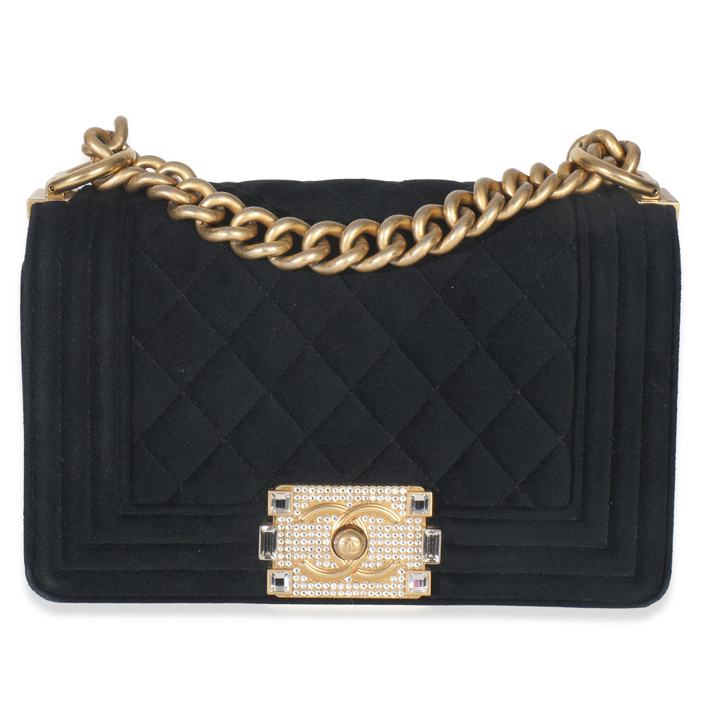 Black Quilted Velvet Strass Small Boy Bag