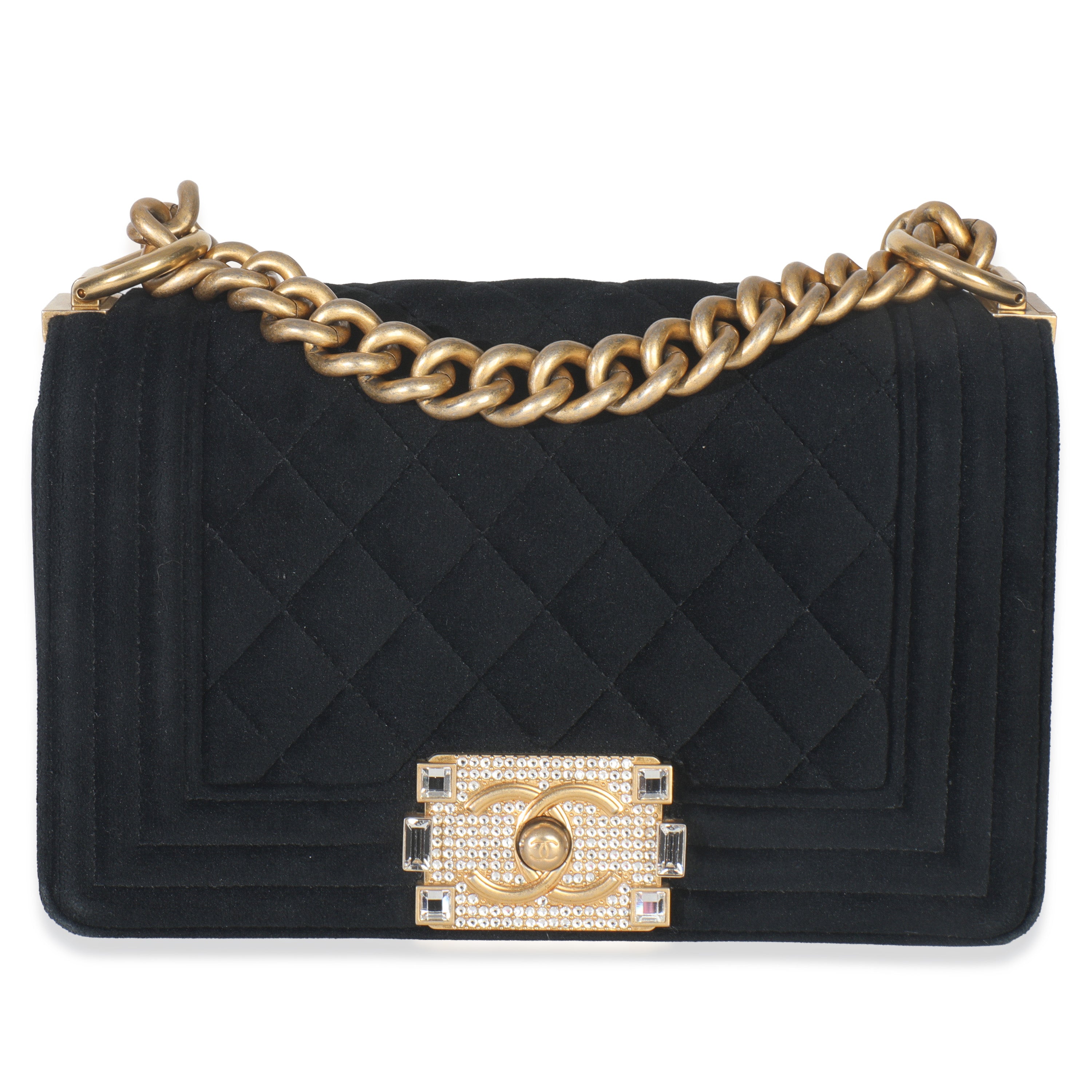 Black Quilted Velvet Strass Small Boy Bag