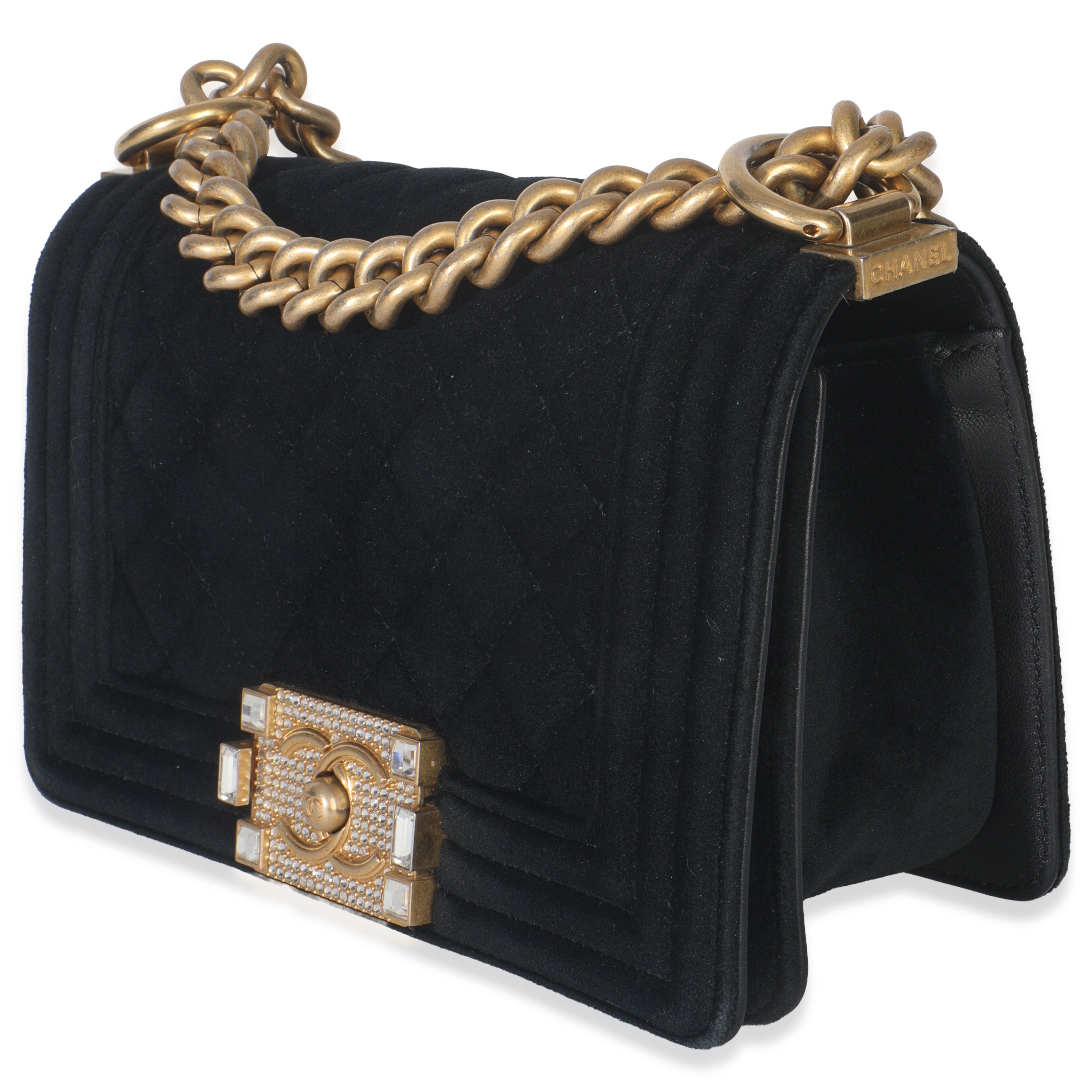 Black Quilted Velvet Strass Small Boy Bag