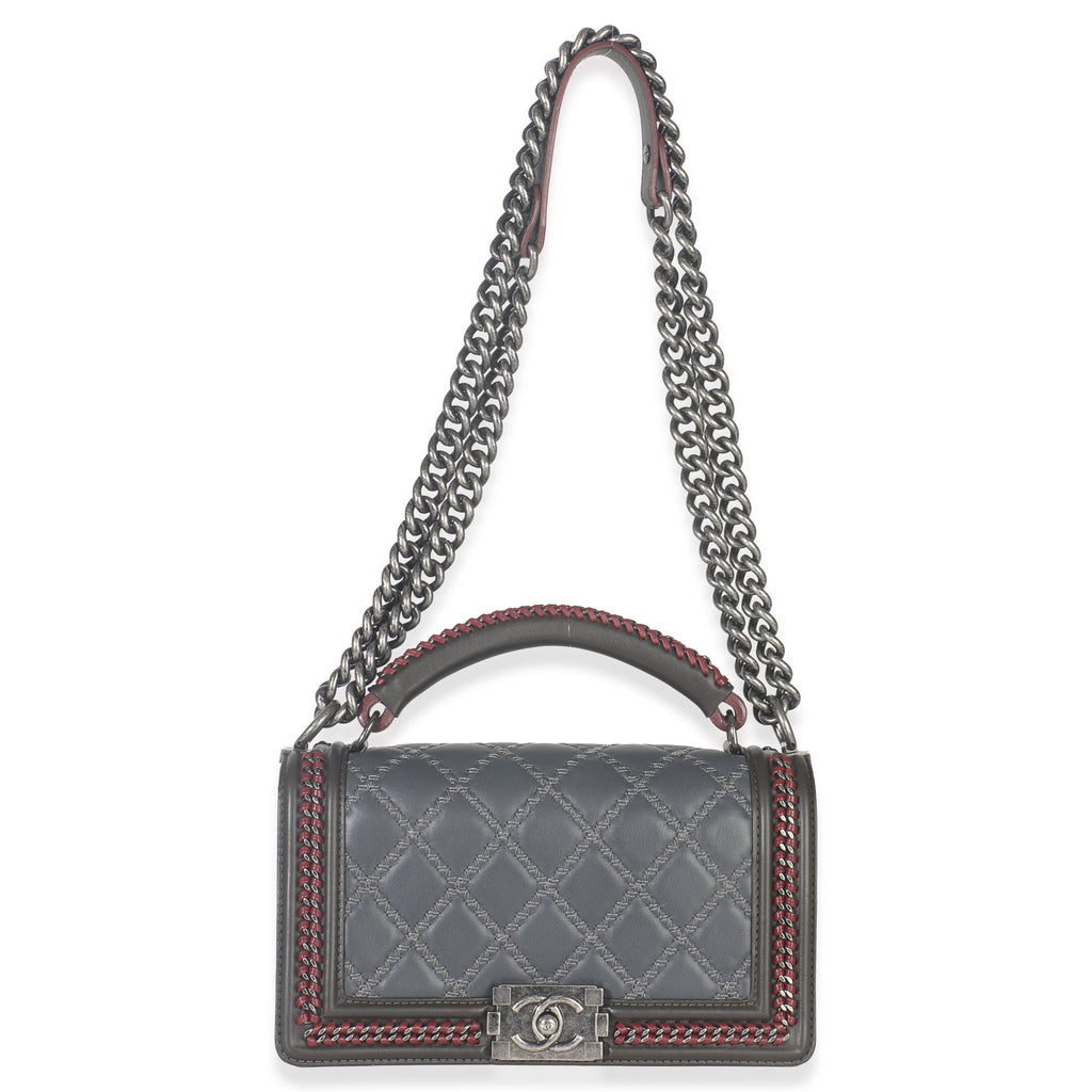 Grey Quilted Calfskin Interwoven Chain Top Handle Boy Bag