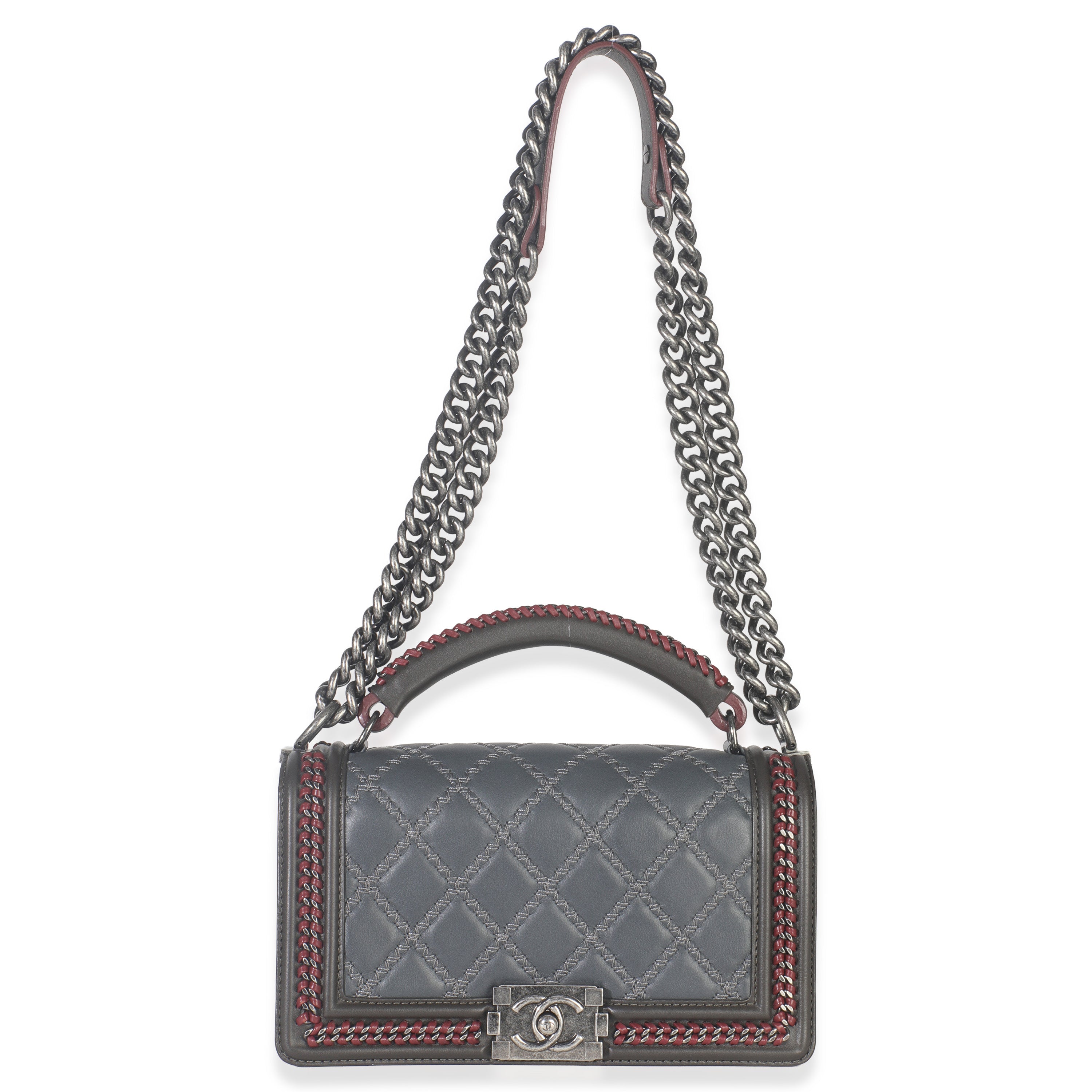 Grey Quilted Calfskin Interwoven Chain Top Handle Boy Bag