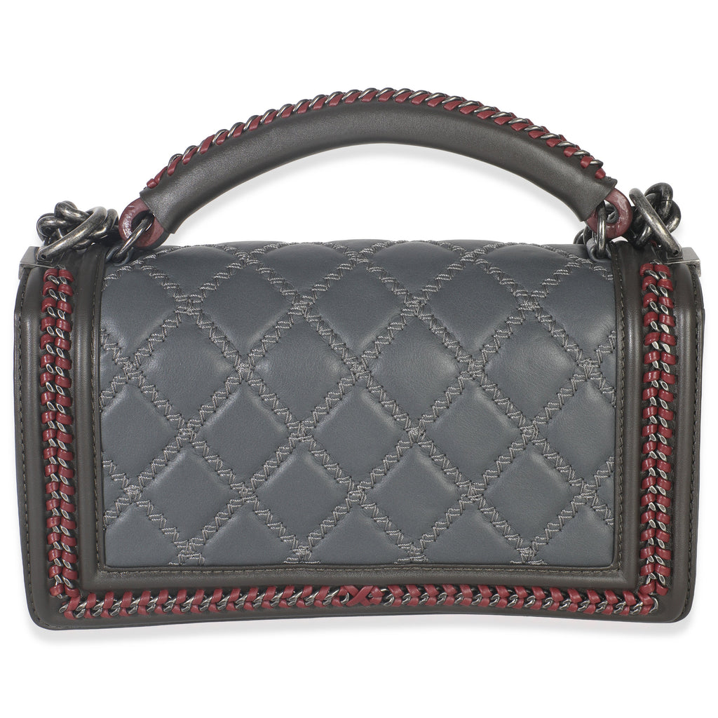 Grey Quilted Calfskin Interwoven Chain Top Handle Boy Bag