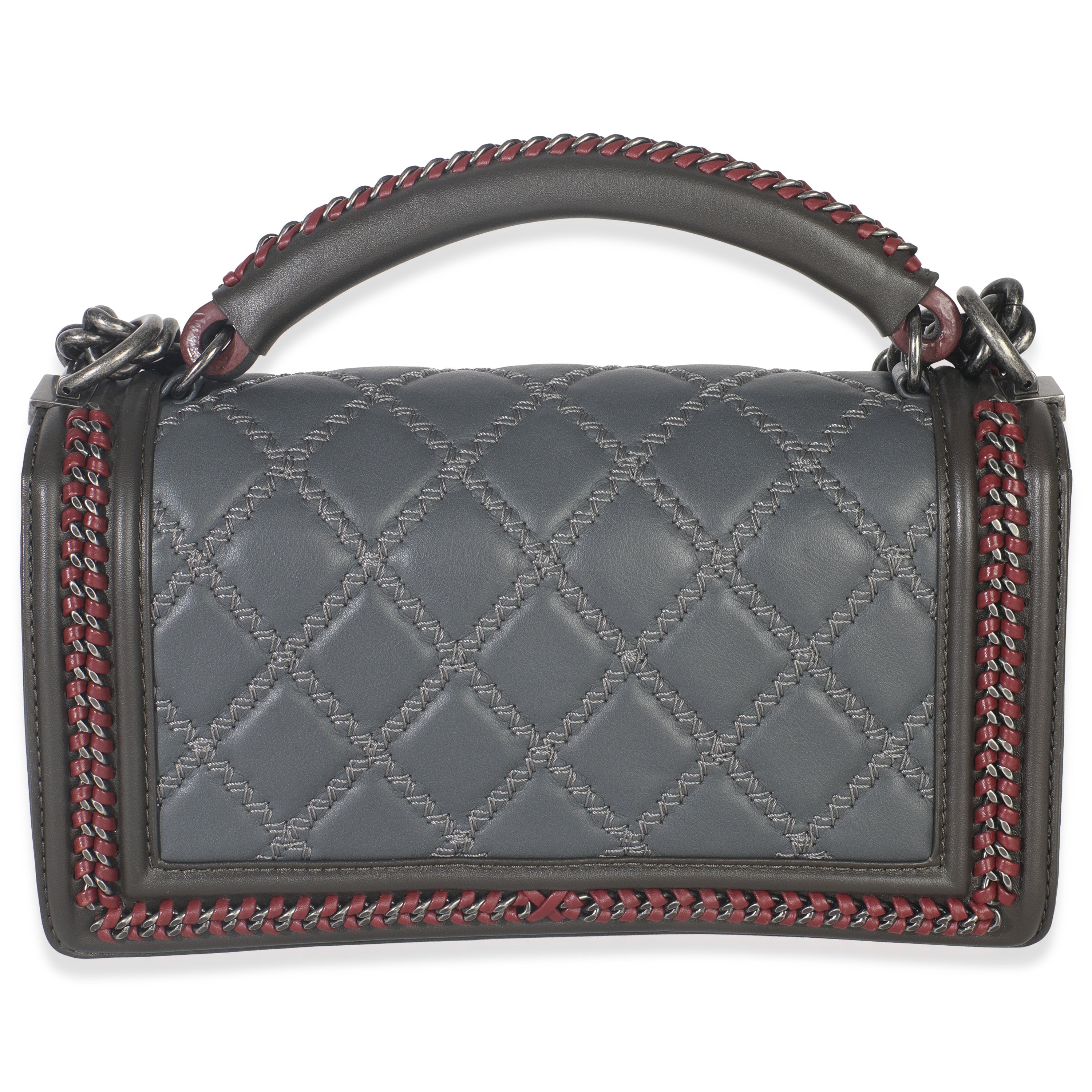 Grey Quilted Calfskin Interwoven Chain Top Handle Boy Bag