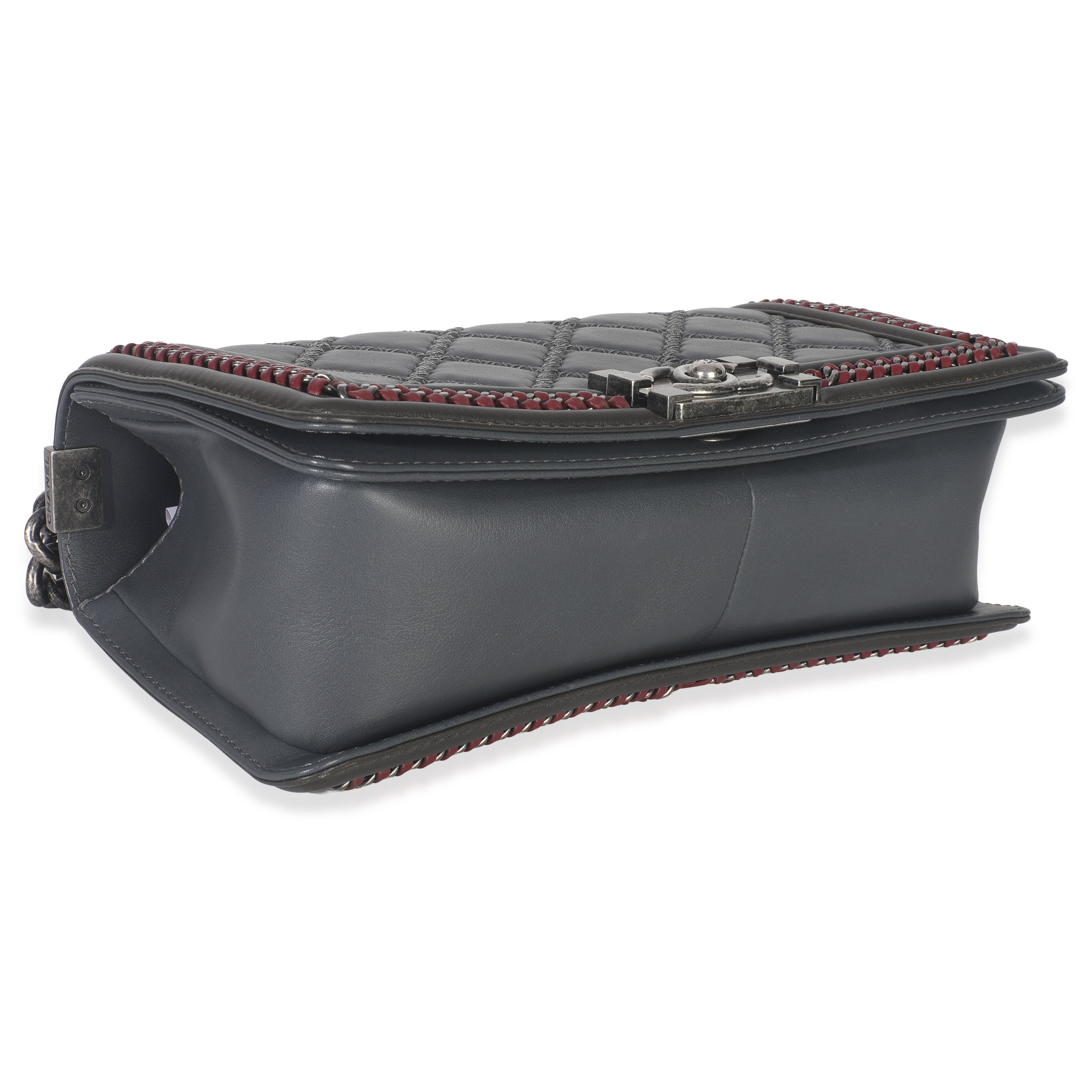 Grey Quilted Calfskin Interwoven Chain Top Handle Boy Bag
