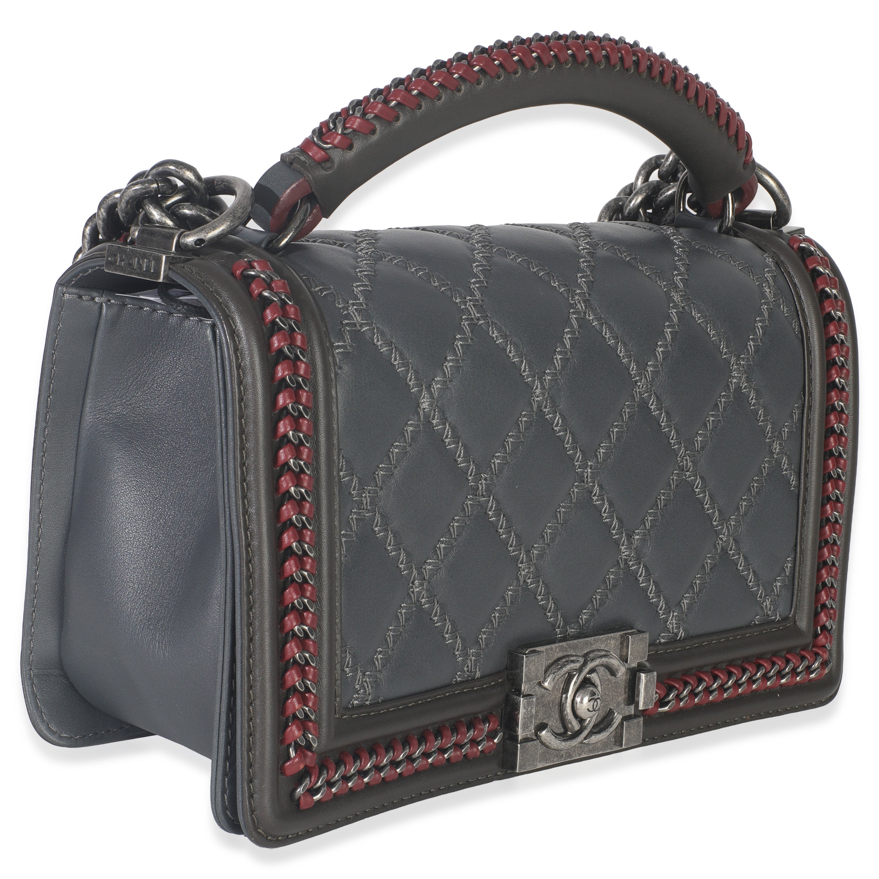 Grey Quilted Calfskin Interwoven Chain Top Handle Boy Bag