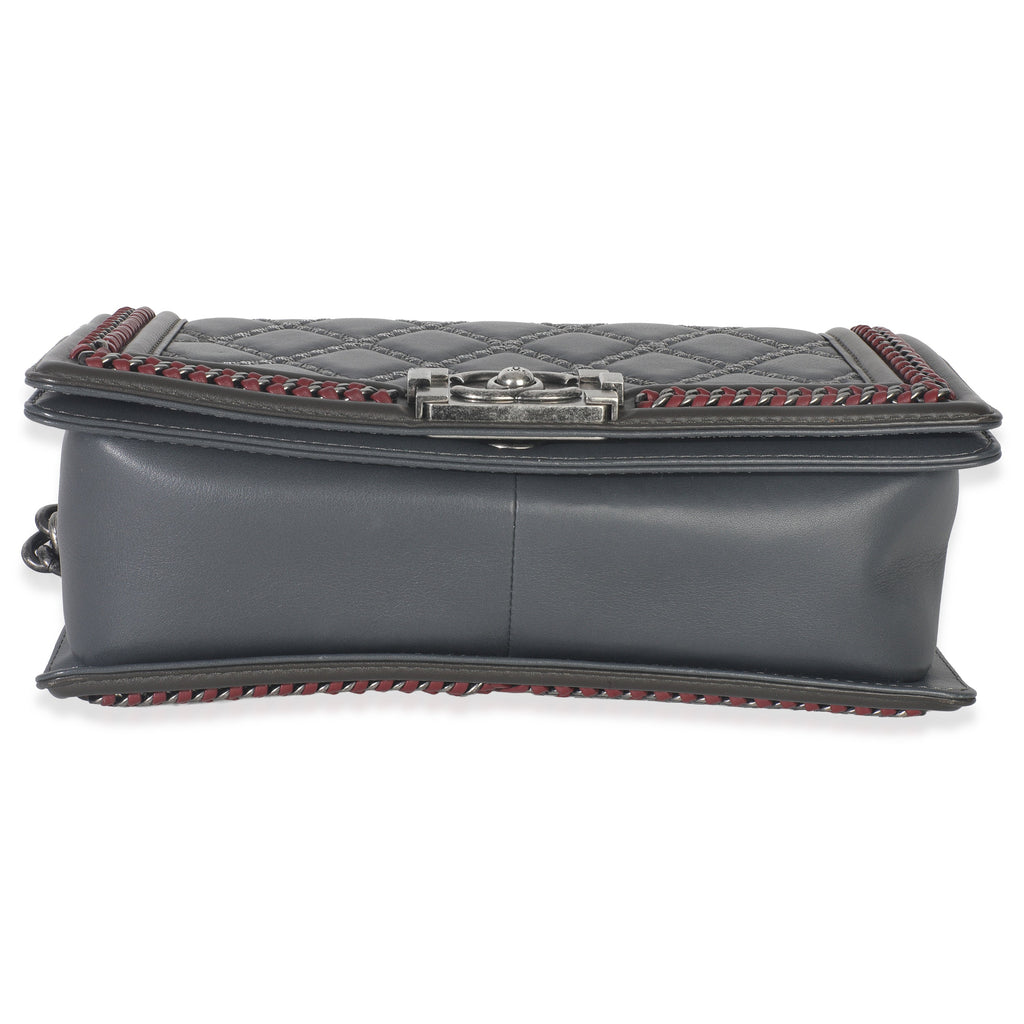 Grey Quilted Calfskin Interwoven Chain Top Handle Boy Bag