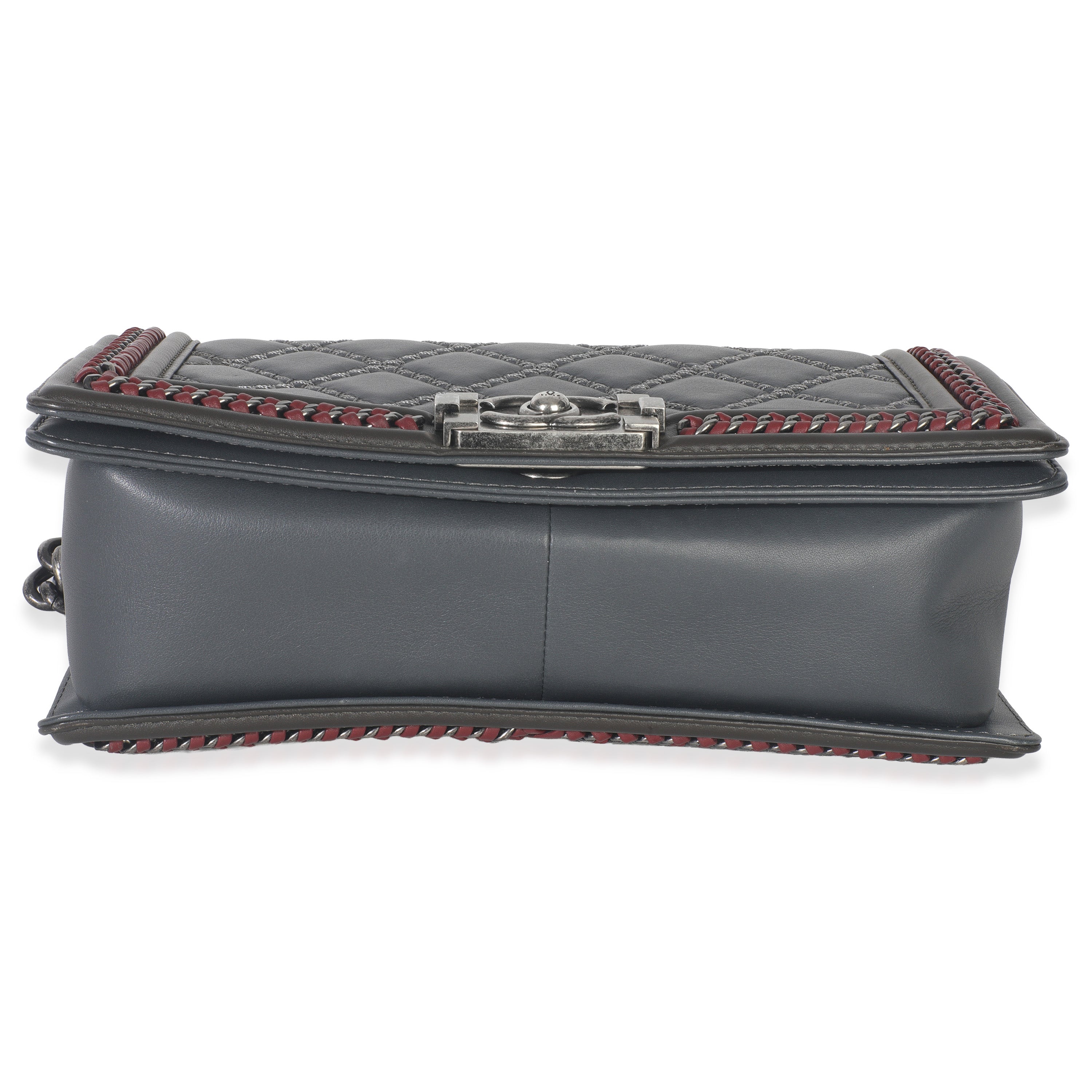 Grey Quilted Calfskin Interwoven Chain Top Handle Boy Bag