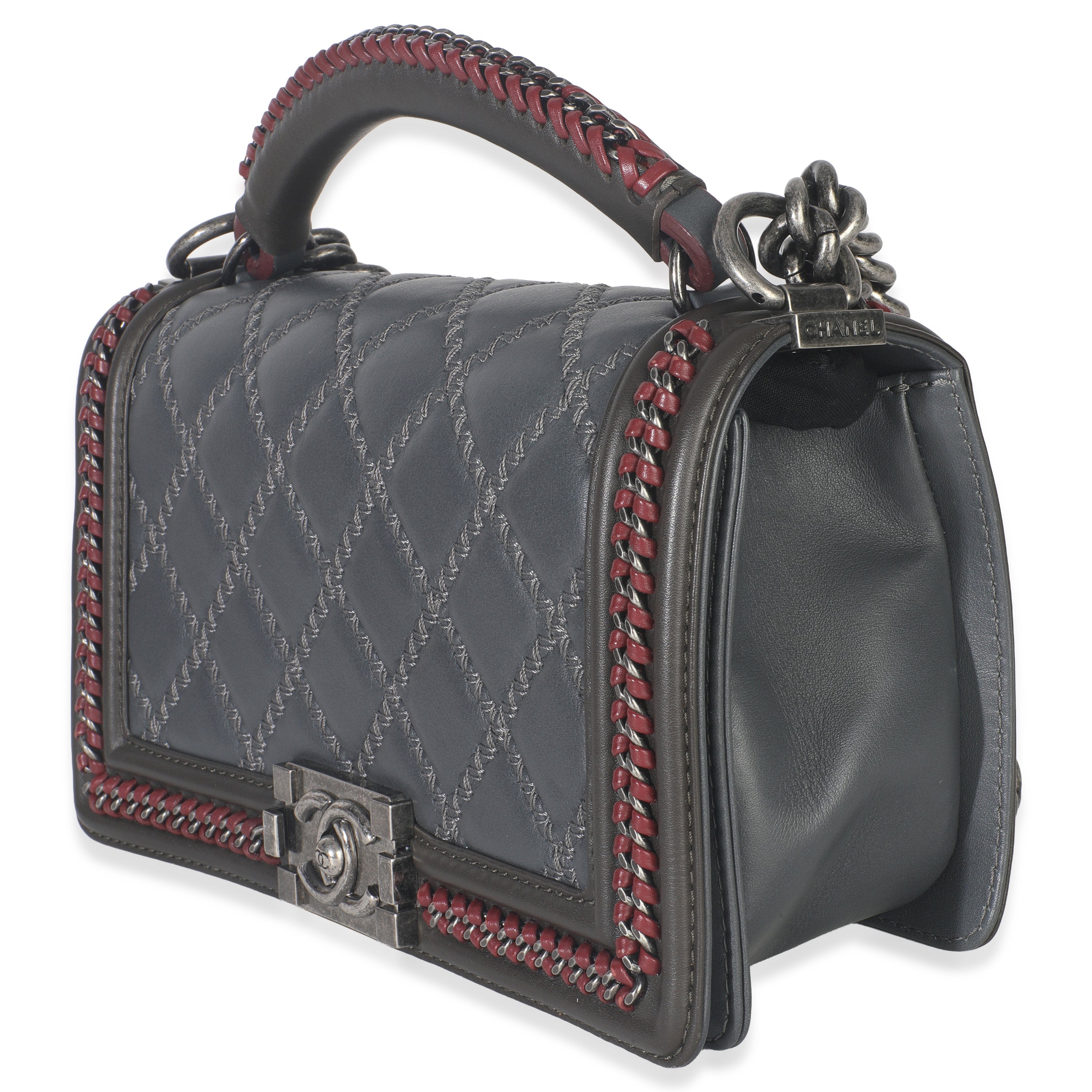 Grey Quilted Calfskin Interwoven Chain Top Handle Boy Bag