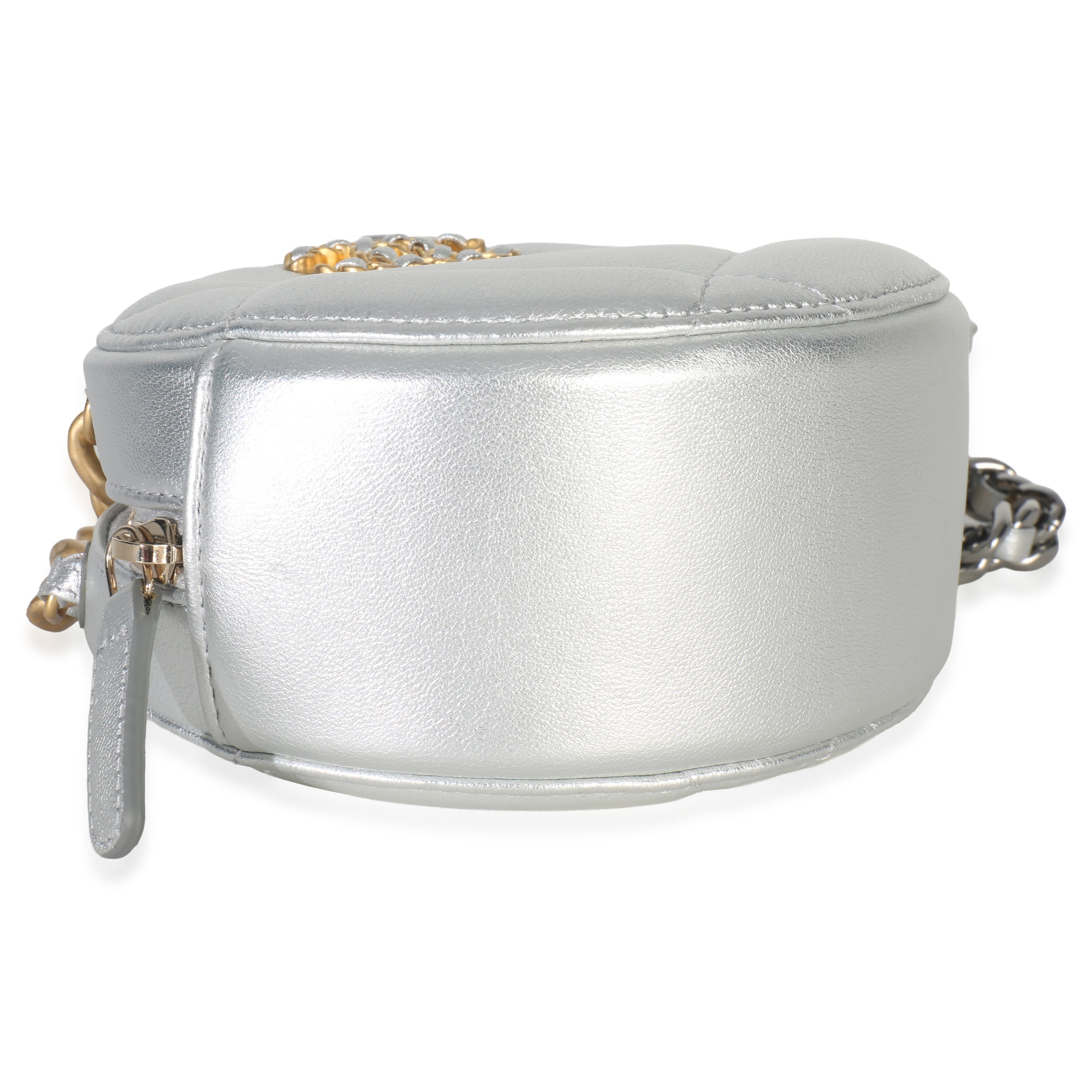 -Silver Quilted Lambskin Chanel 19 Round Pouch
