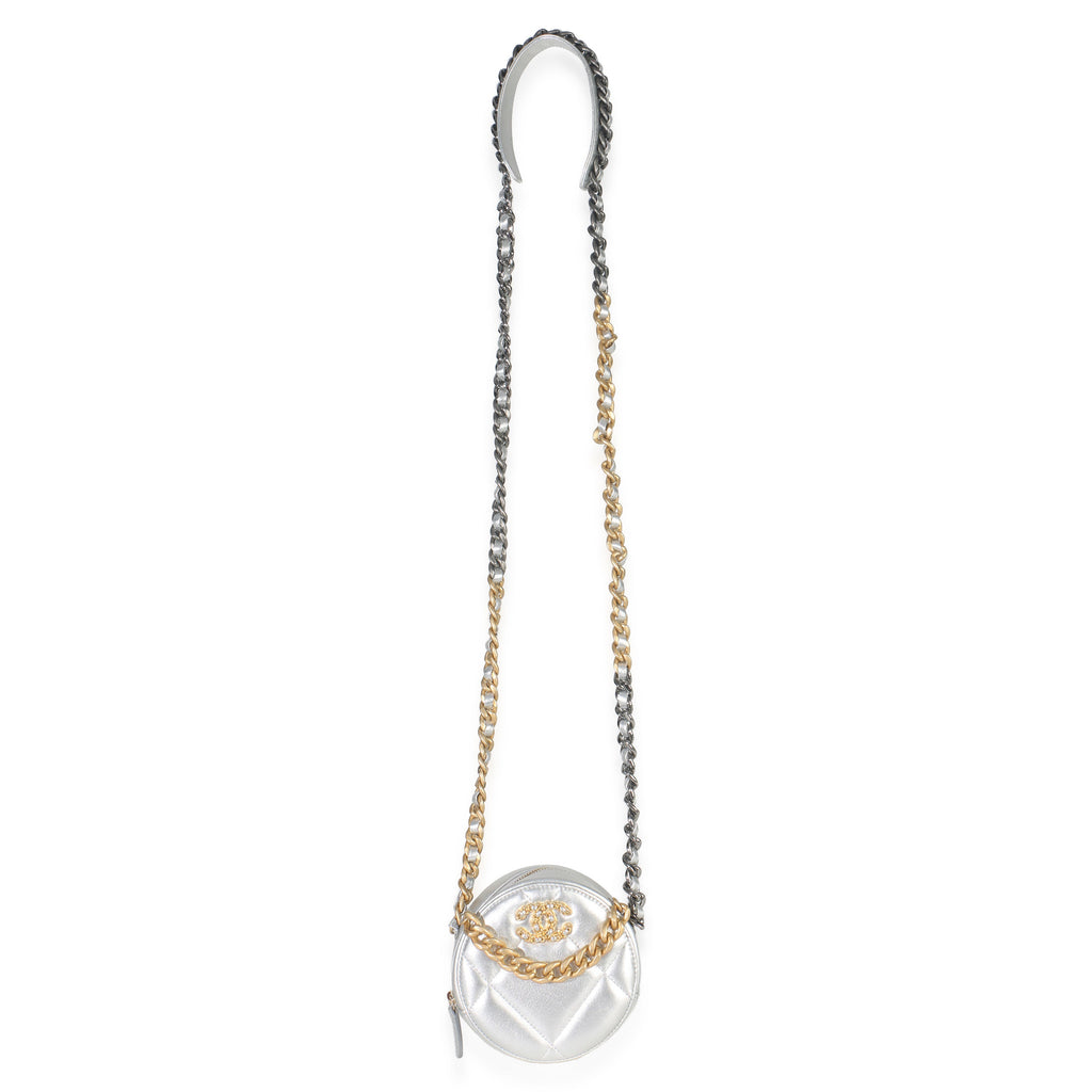 -Silver Quilted Lambskin Chanel 19 Round Pouch