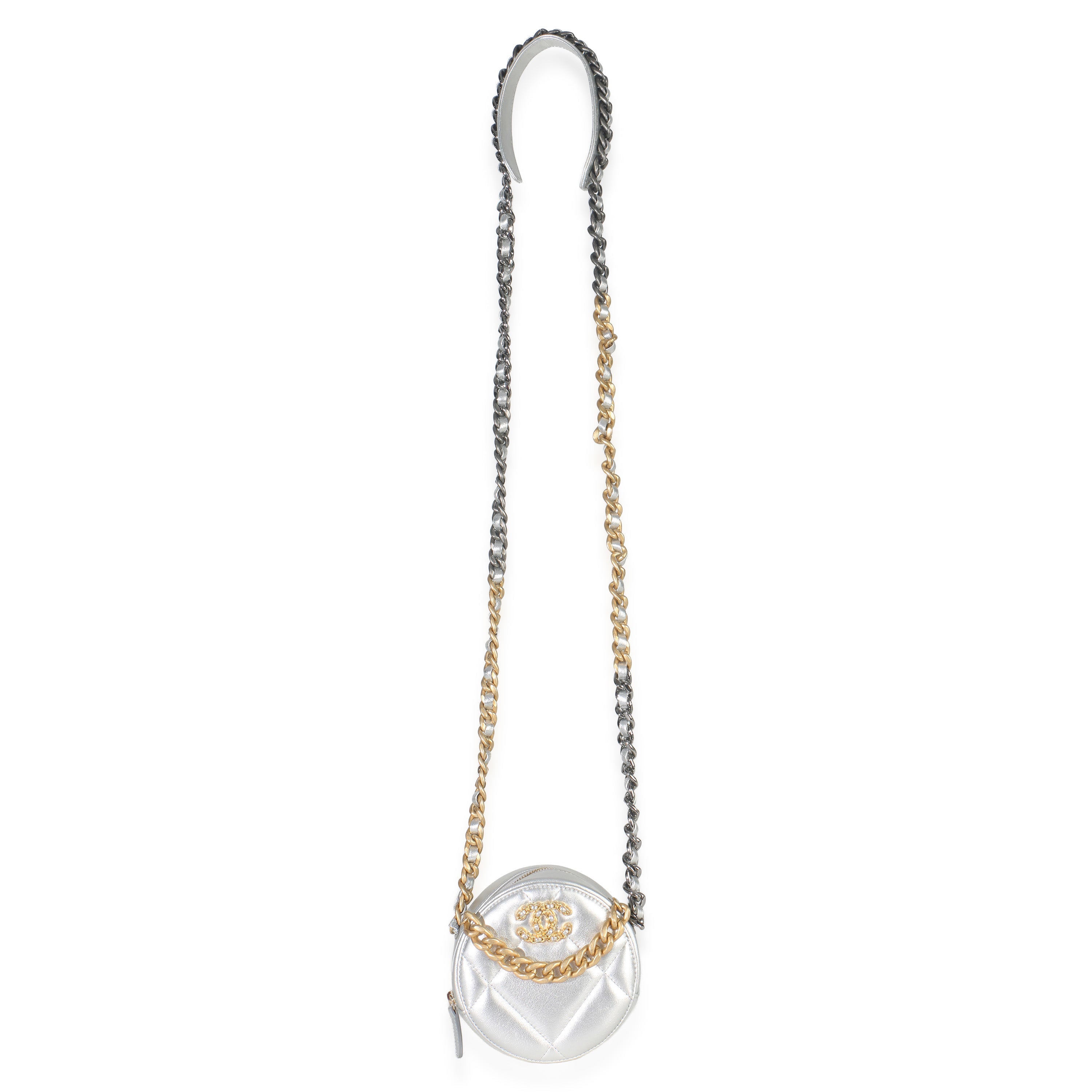 -Silver Quilted Lambskin Chanel 19 Round Pouch