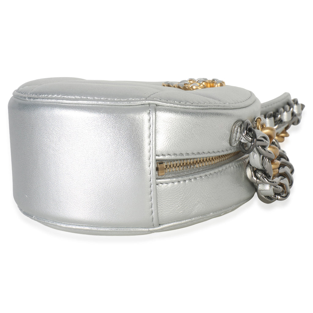 -Silver Quilted Lambskin Chanel 19 Round Pouch