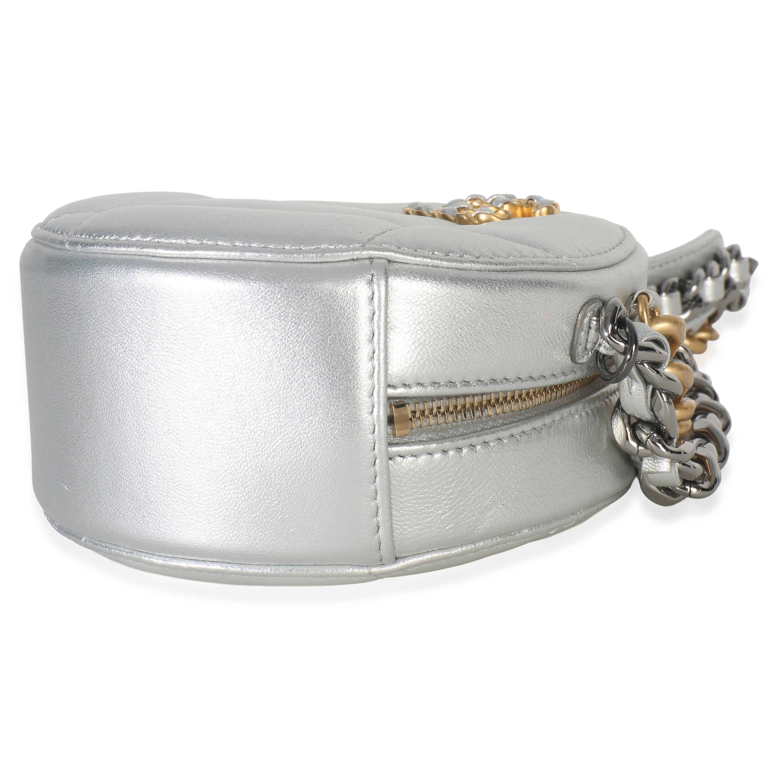 -Silver Quilted Lambskin Chanel 19 Round Pouch