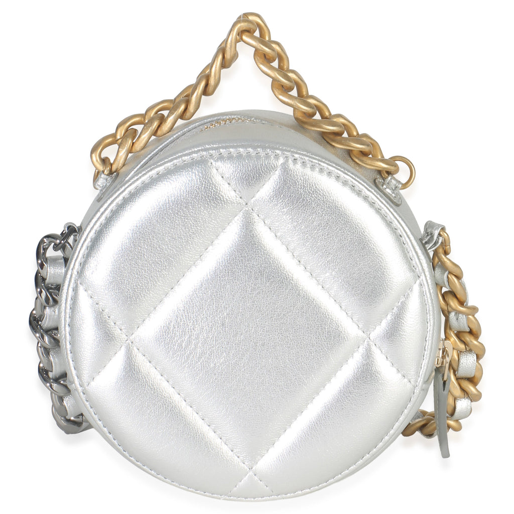-Silver Quilted Lambskin Chanel 19 Round Pouch