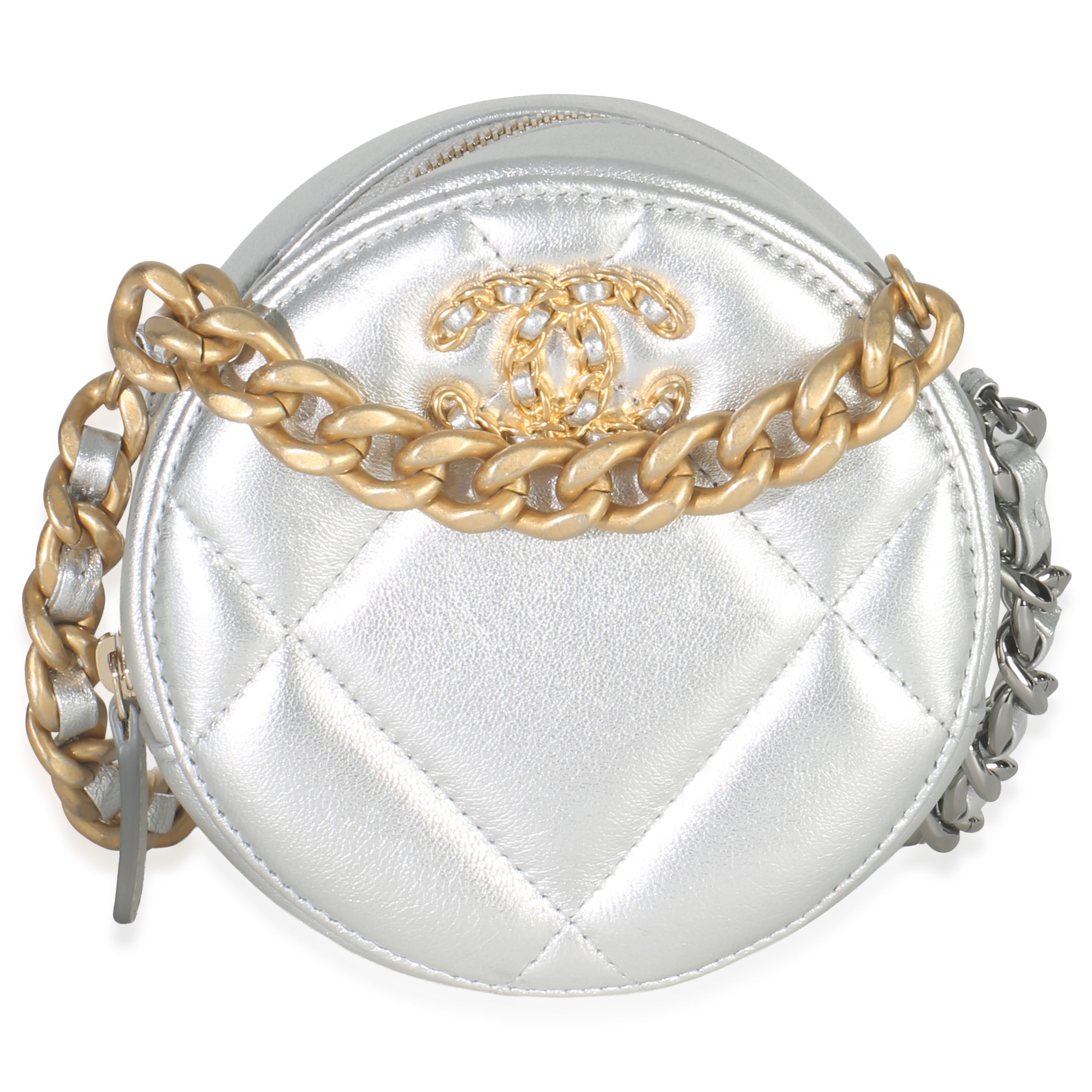 -Silver Quilted Lambskin Chanel 19 Round Pouch