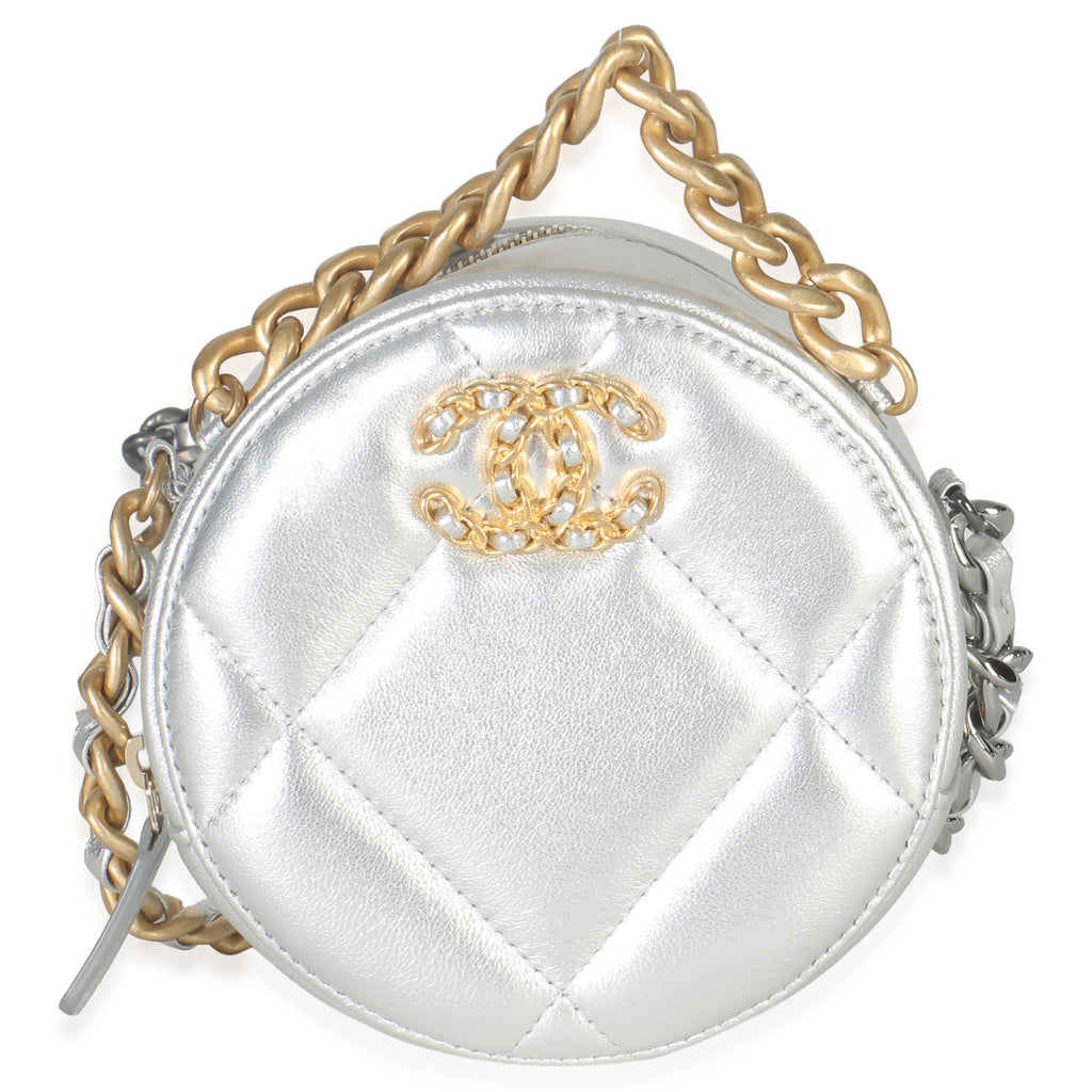 -Silver Quilted Lambskin Chanel 19 Round Pouch