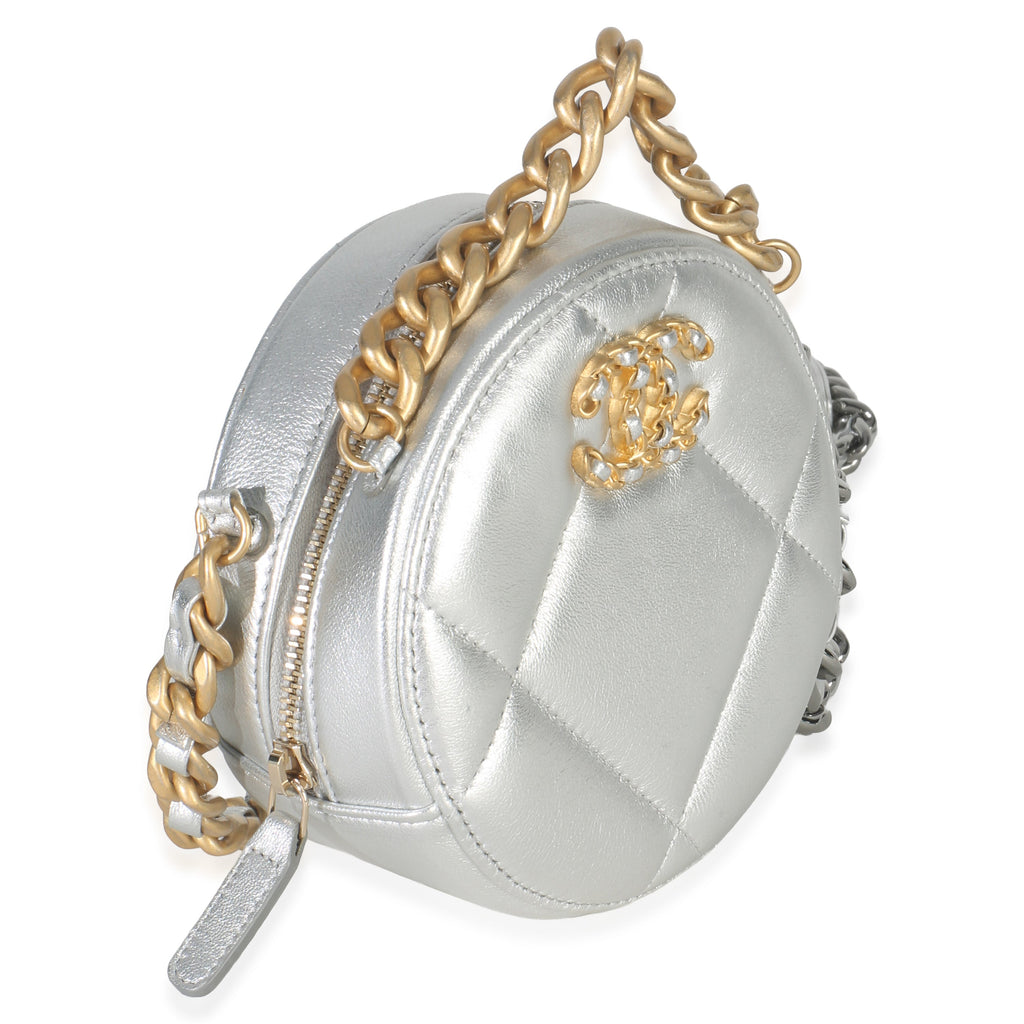 -Silver Quilted Lambskin Chanel 19 Round Pouch