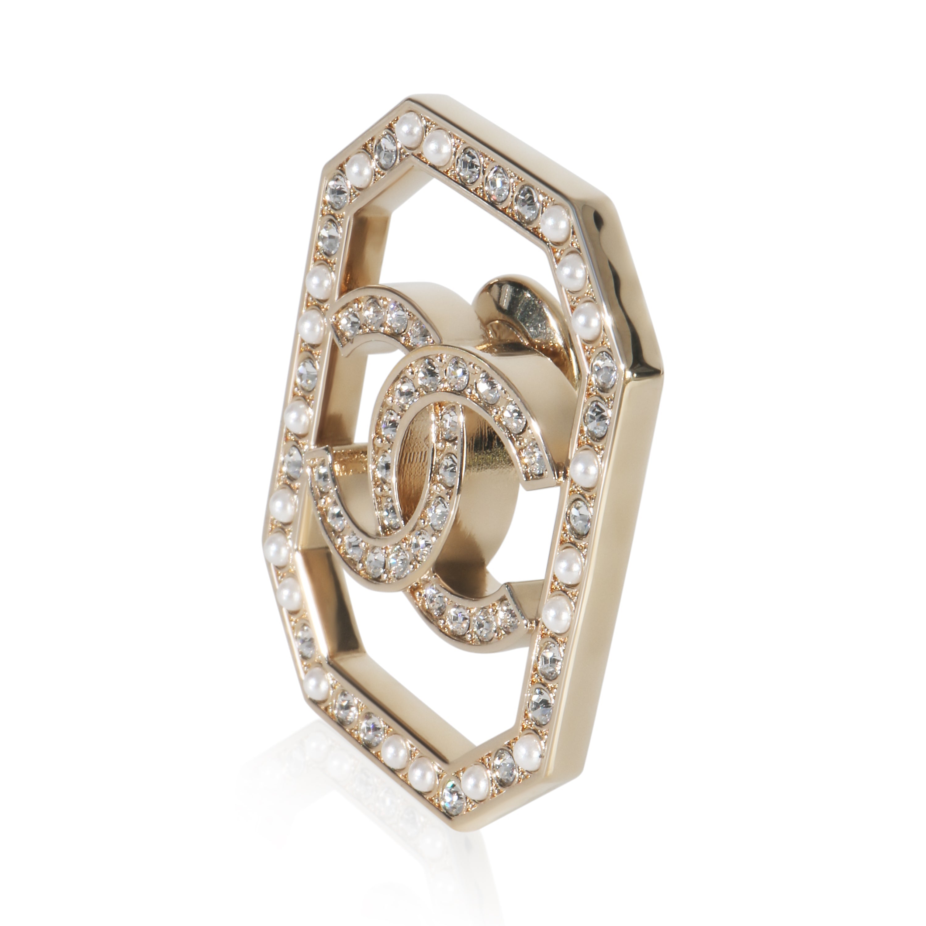 Gold-Plated  2023 Faux Pearl & Strass CC Brooch