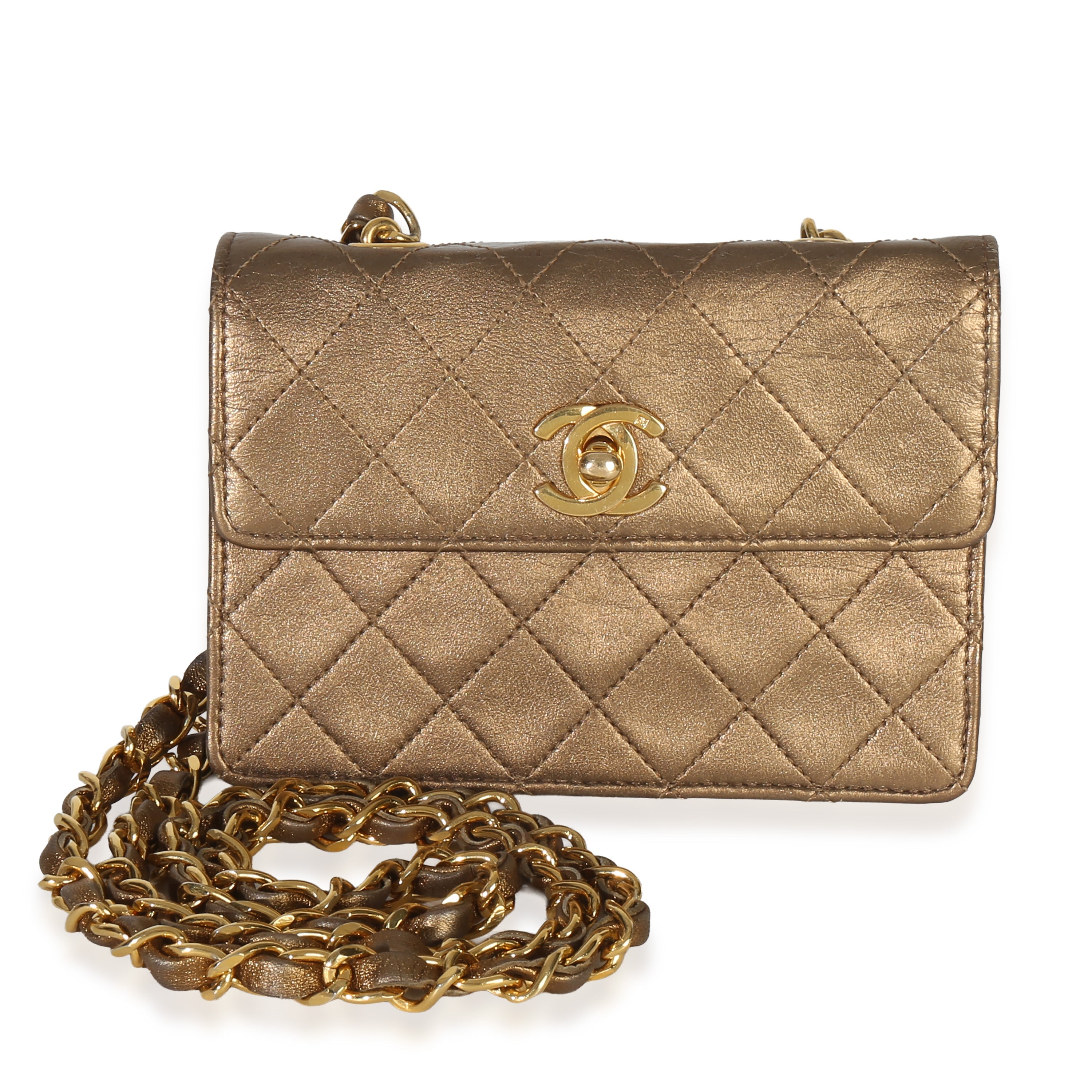Vintage Gold Metallic Quilted Lambskin Extra Mini Square Flap Bag