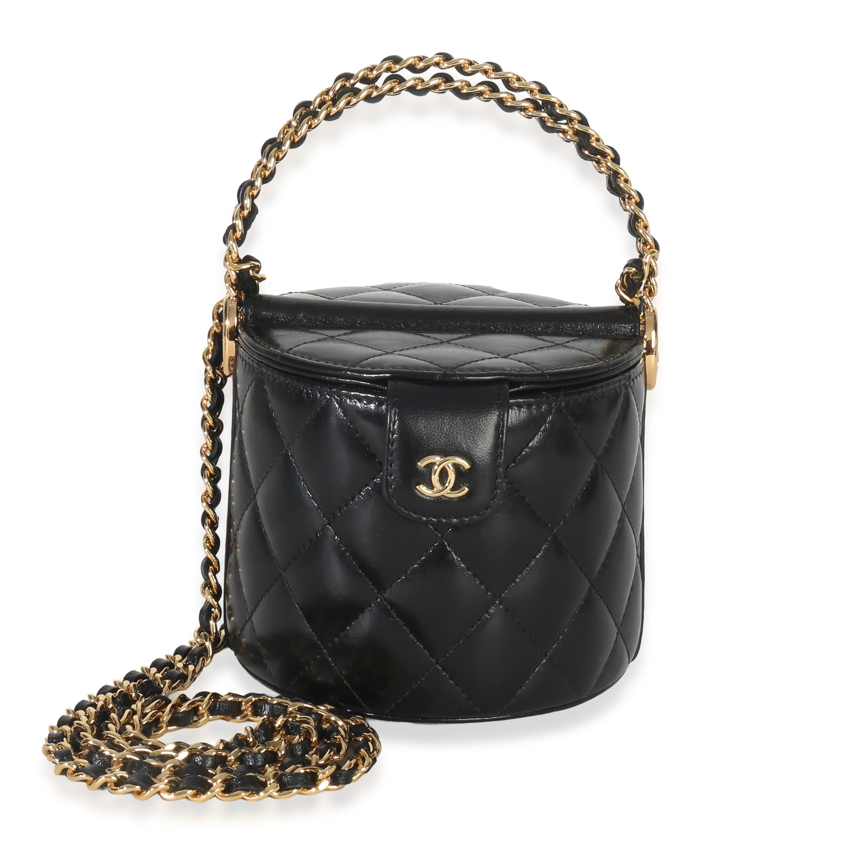 Black Shiny Quilted Calfskin Double Sided Top Handle Mini Vanity Bag