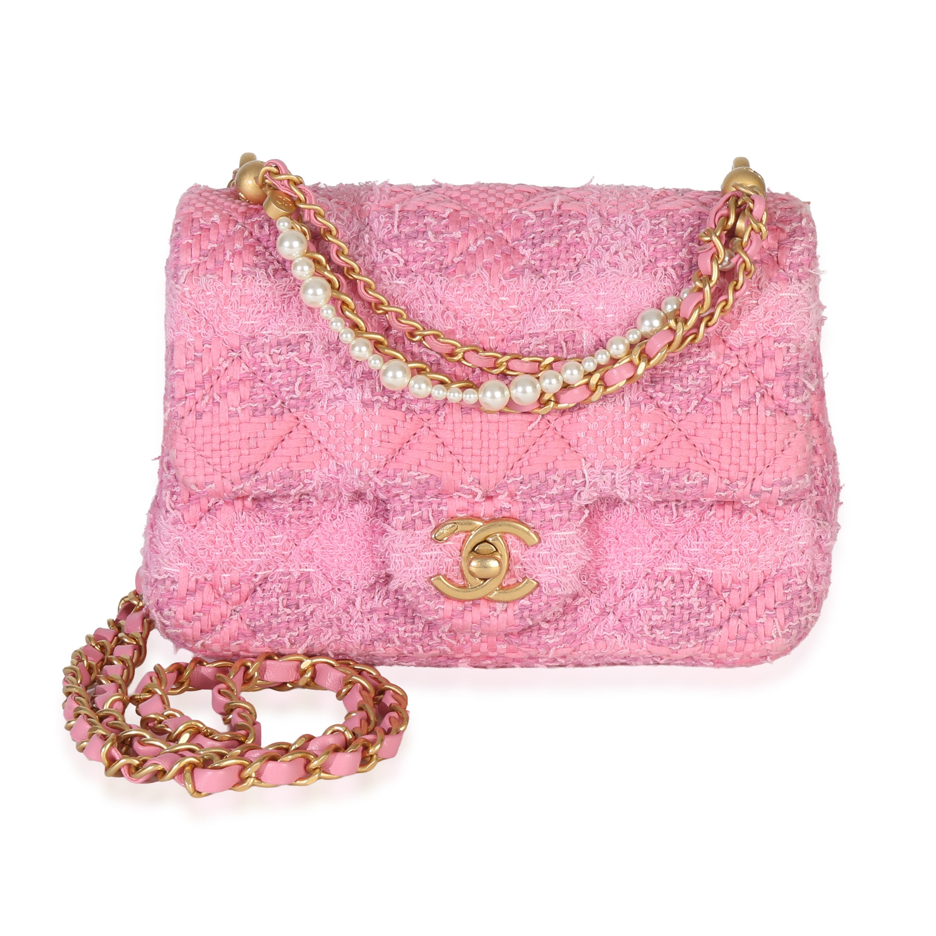 Pink Quilted Tweed Pearl Twist Mini Square Flap Bag