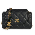 Black Quilted Lambskin CC Accordion Round Flap Clutch with Chain
