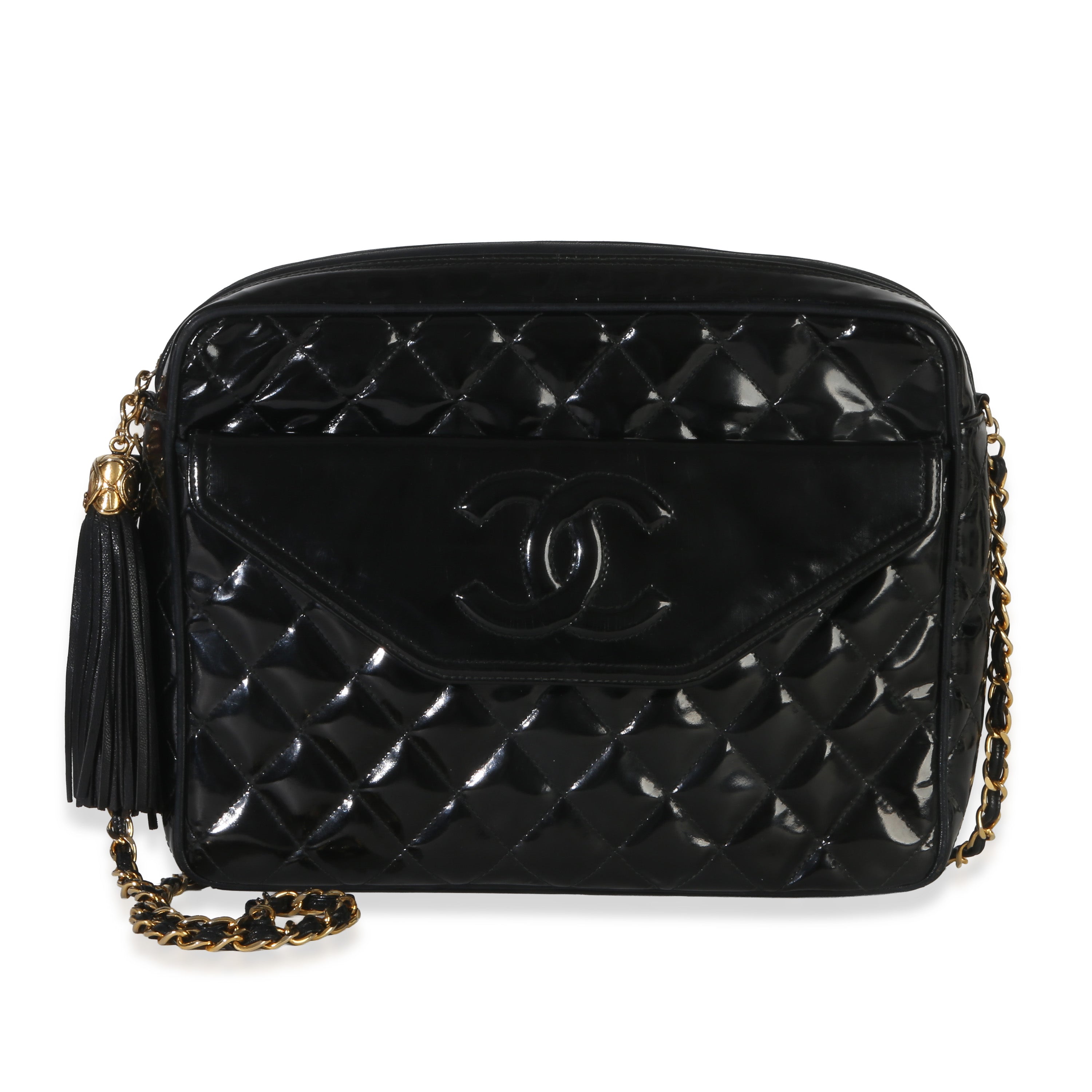 Vintage Black Quilted Patent Medium Tassel Camera Bag