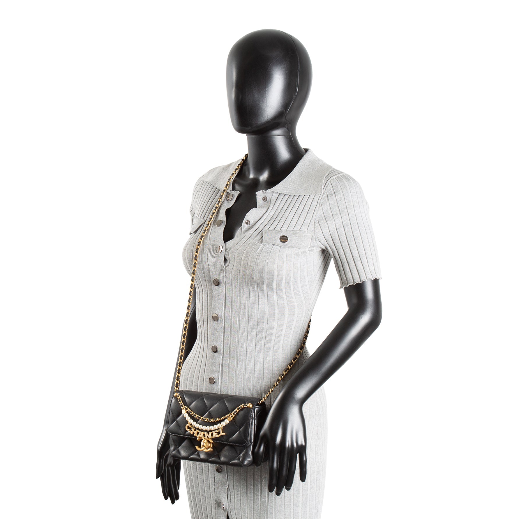 CHANEL Pearl Logo Lambskin Flap Bag - Black