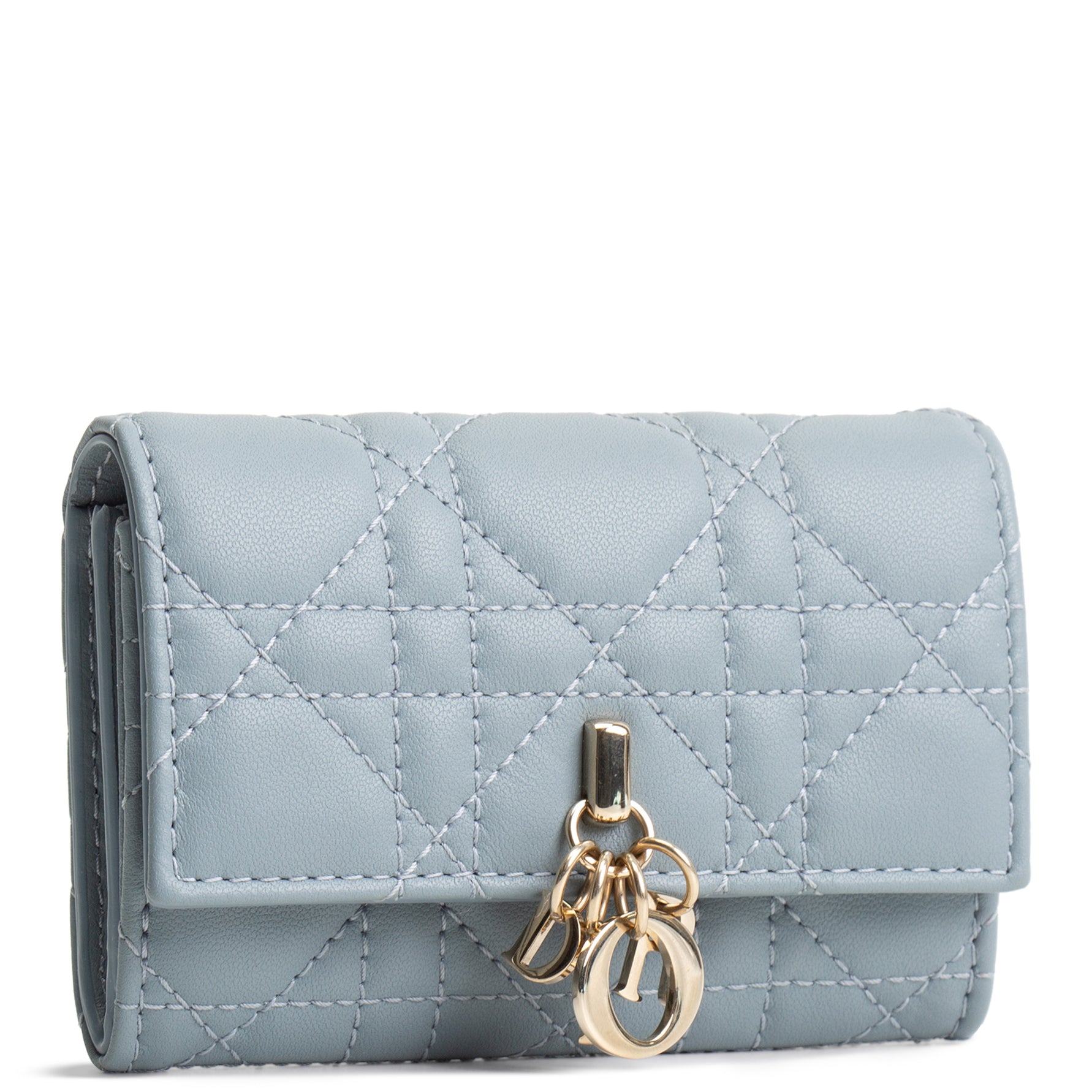 DIOR Leather Cannage Compact Wallet - Light Blue