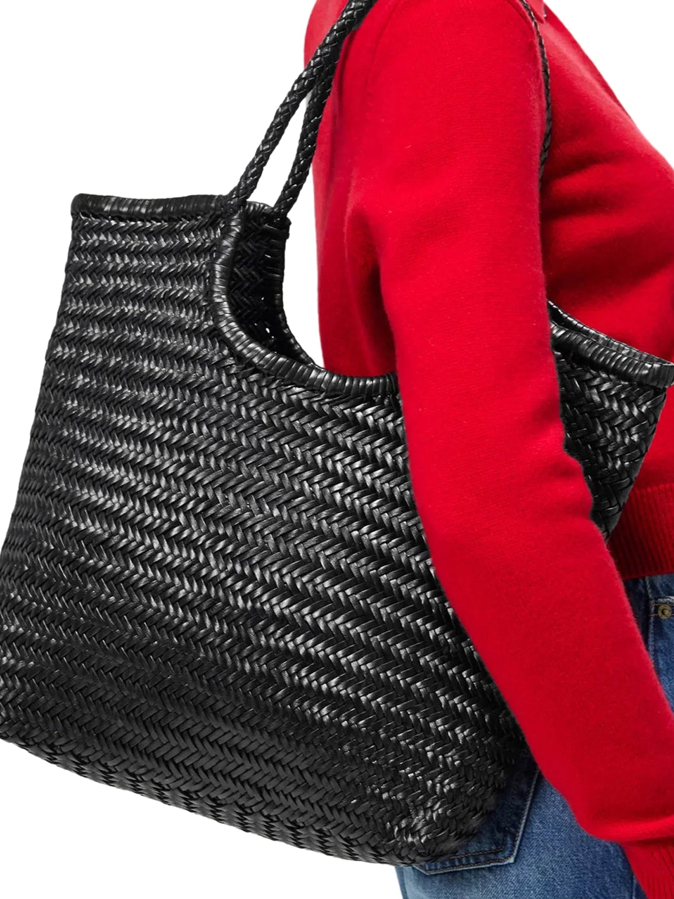 NS DIAGONAL BLACK LEATHER TOTE BAG