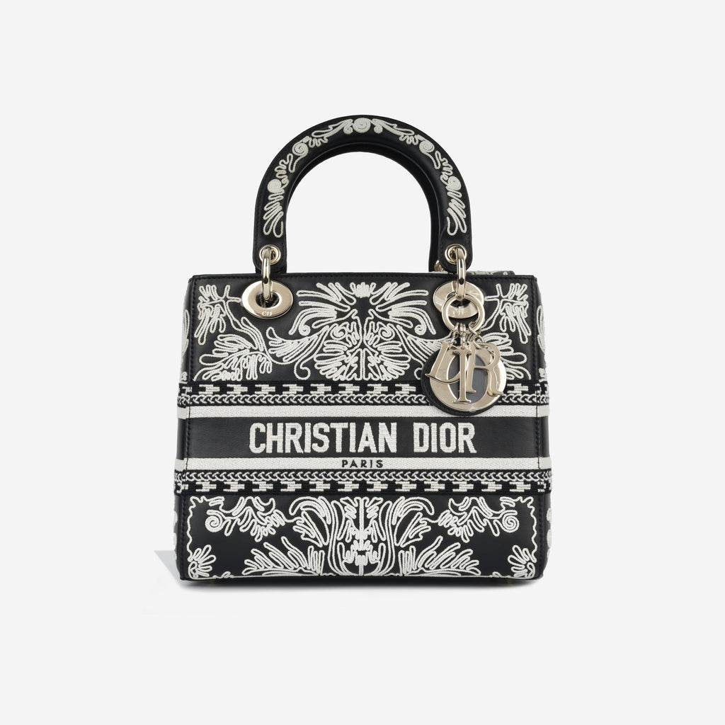 Dior Medium Lady Dior - Black Calfskin / Cornelly White Embroidered | Champagne Gold Hardware