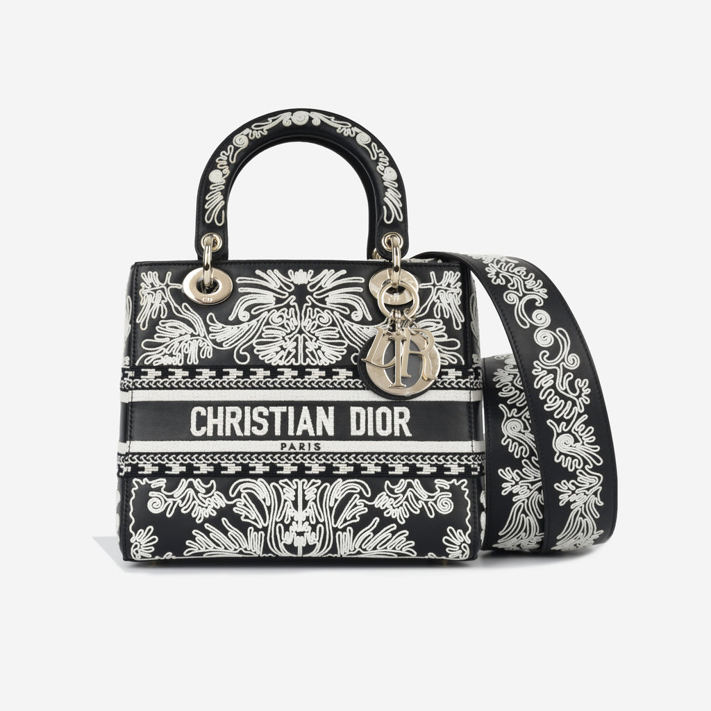 Dior Medium Lady Dior - Black Calfskin / Cornelly White Embroidered | Champagne Gold Hardware