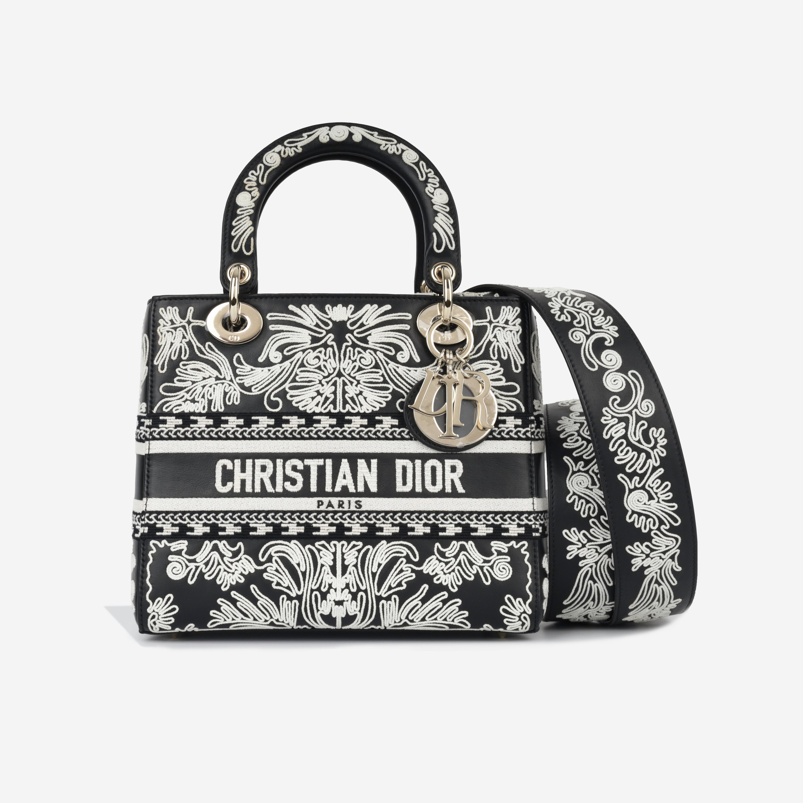 Dior Medium Lady Dior - Black Calfskin / Cornelly White Embroidered | Champagne Gold Hardware