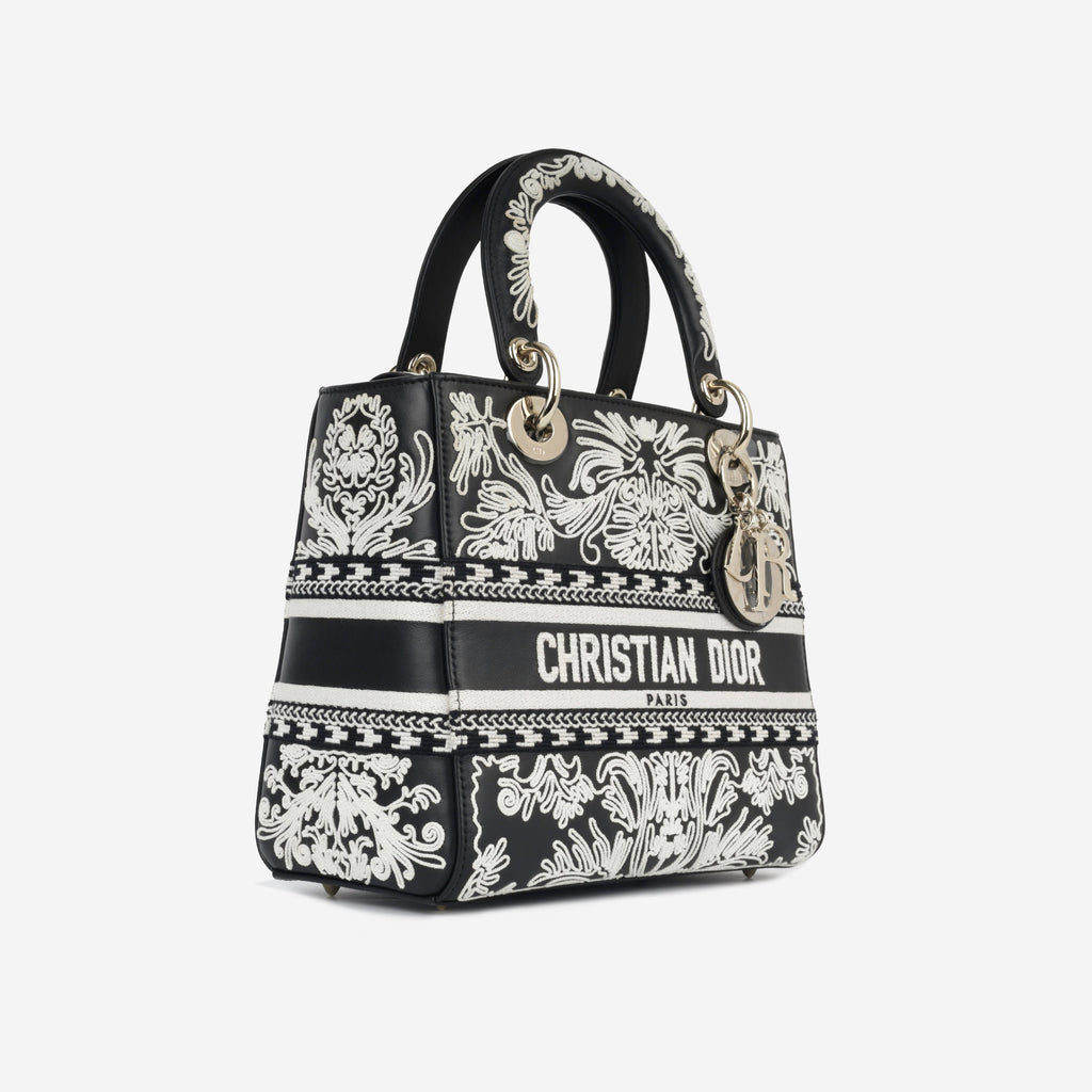 Dior Medium Lady Dior - Black Calfskin / Cornelly White Embroidered | Champagne Gold Hardware